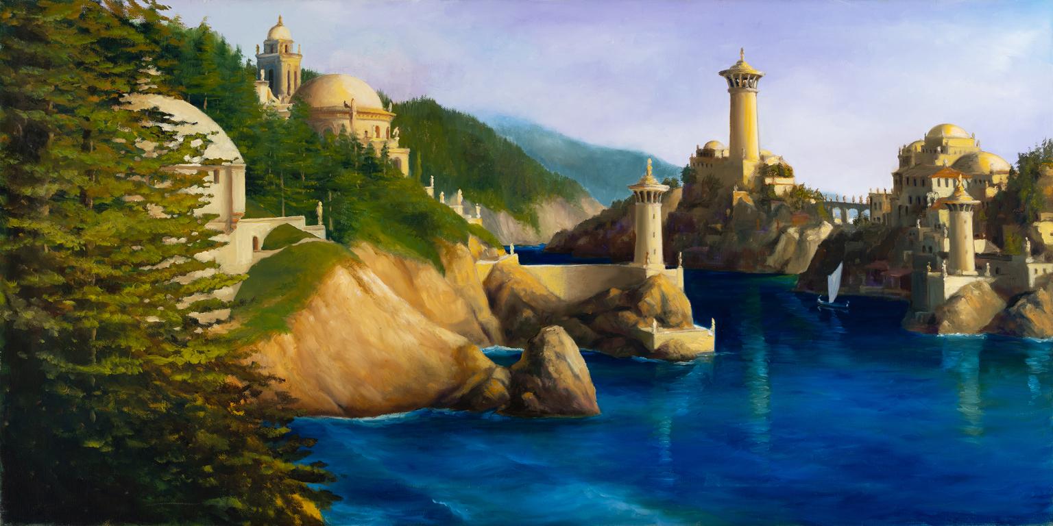 ROBERT KENNETH WHITE - "HEILIGTUM DES MEERES"
⚜ Öl auf Leinwand ⚜ Verso handsigniert ⚜ Rahmenloses Display

MYTHISCHE MEERESLANDSCHAFT MIT PHANTASTISCHER ARCHITEKTUR
In Sanctuary of the Sea (2015) präsentiert Robert Kenneth White ein visionäres