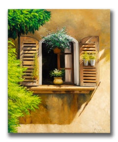 Robert Kenneth White "Shutters and Blossoms" 2018 Oil of Tuscan Façade
