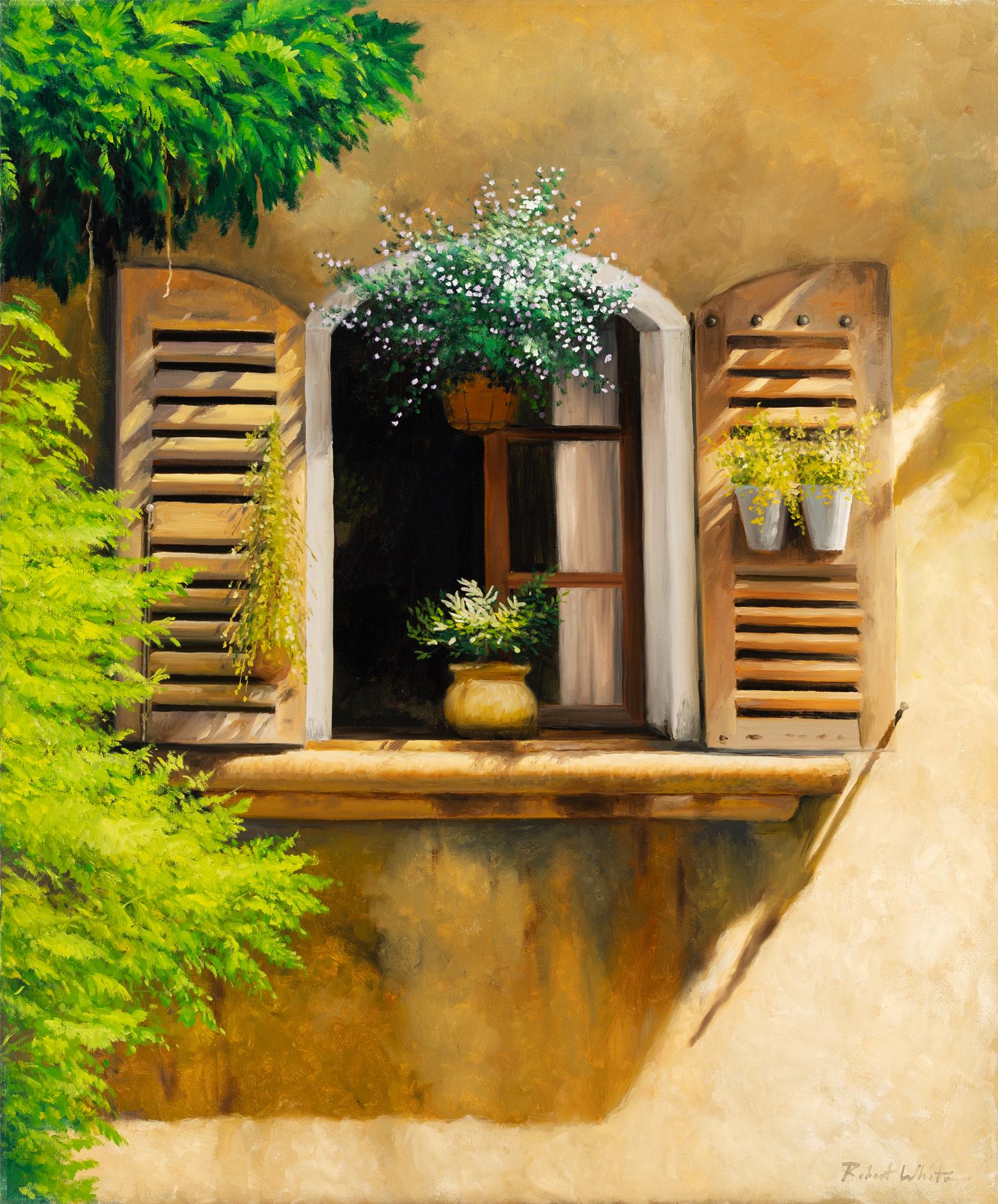 ROBERT KENNETH WHITE - "FENSTERLÄDEN UND BLÜTEN"
⚜ Öl auf Leinwand ⚜ Handsigniert unten rechts ⚜ Rahmenloses Display

SONNENBESCHIENENES ARCHITEKTONISCHES STILLLEBEN MIT FLORALEN DETAILS
In Shutters and Blossoms fängt Robert Kenneth White die