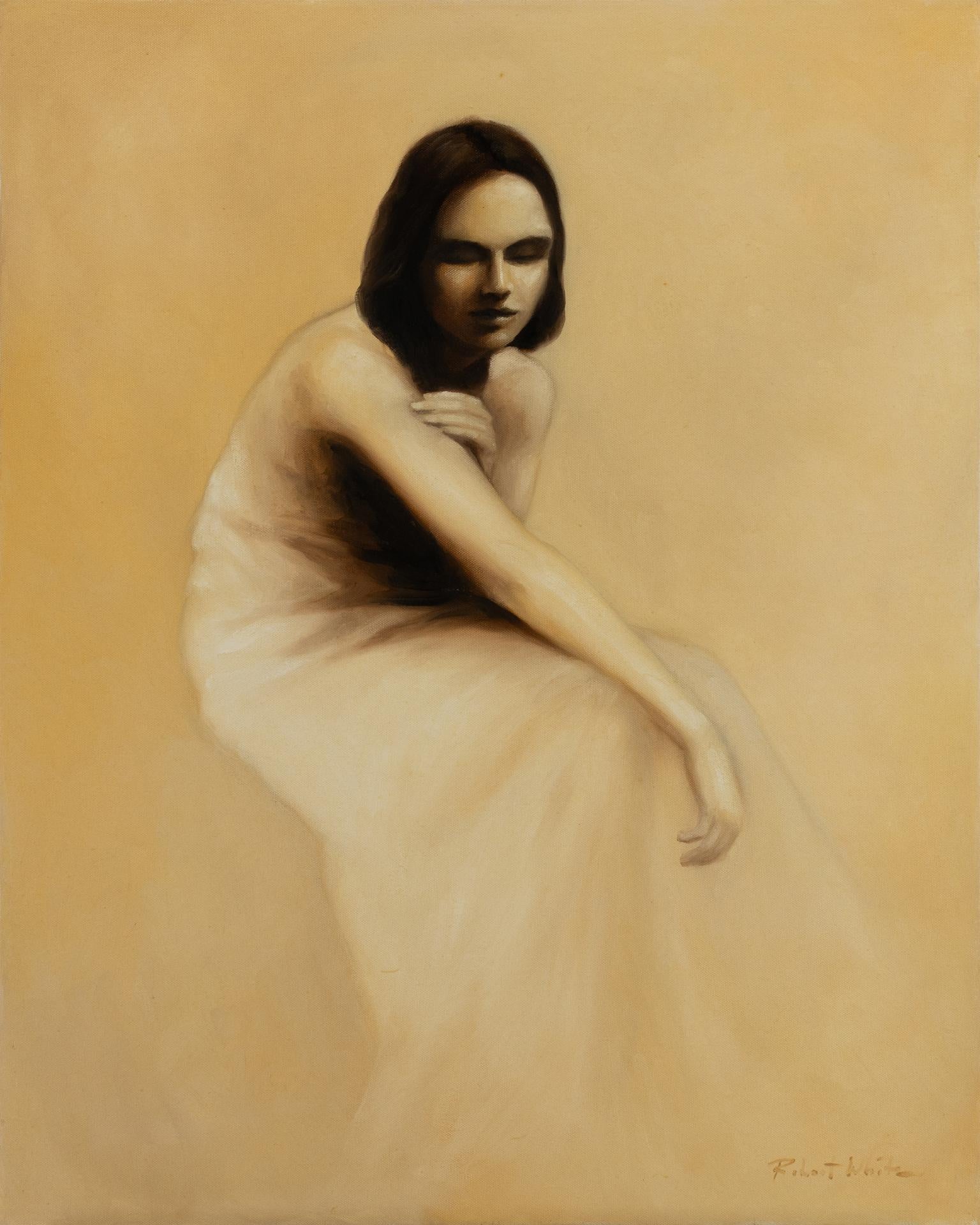 ROBERT KENNETH WHITE – "SOFT GAZE"
⚜ Oil on canvas ⚜ Hand signed lower right ⚜ Frameless display

TONAL FIGURE STUDY IN QUIET CONTEMPLATION
In Soft Gaze, Robert Kenneth White presents a timeless, introspective portrait of a seated woman rendered in