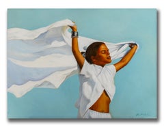 Robert Kenneth White "Taking Flight" Signed 2019 Oil Painting of Woman in Wind