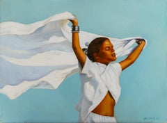 Robert Kenneth White "Alzando el vuelo" Pintura al óleo de mujer al viento firmada en 2019