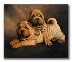 Robert Kenneth White "Rughe di velluto" Olio firmato 2019 di due cuccioli di Shar Pei