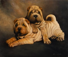 Robert Kenneth White "Rughe di velluto" Olio firmato 2019 di due cuccioli di Shar Pei
