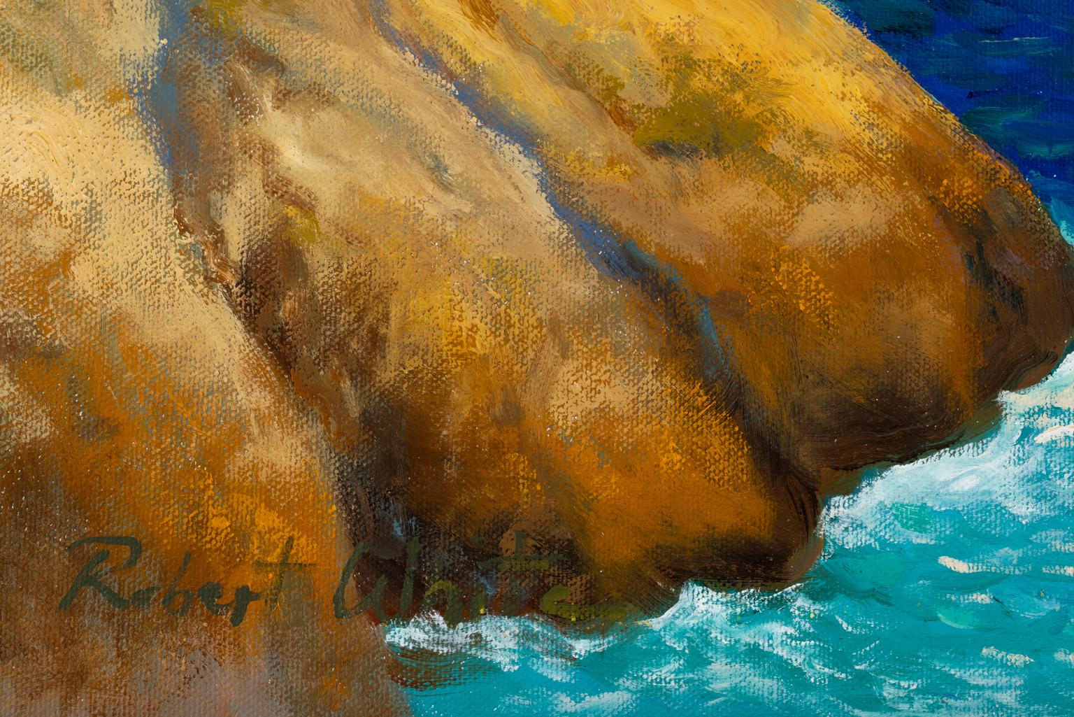 Huile sur toile « Channel Islands I » signée Robert White, vue de Californie côtière - Violet Landscape Painting par Robert Kenneth White