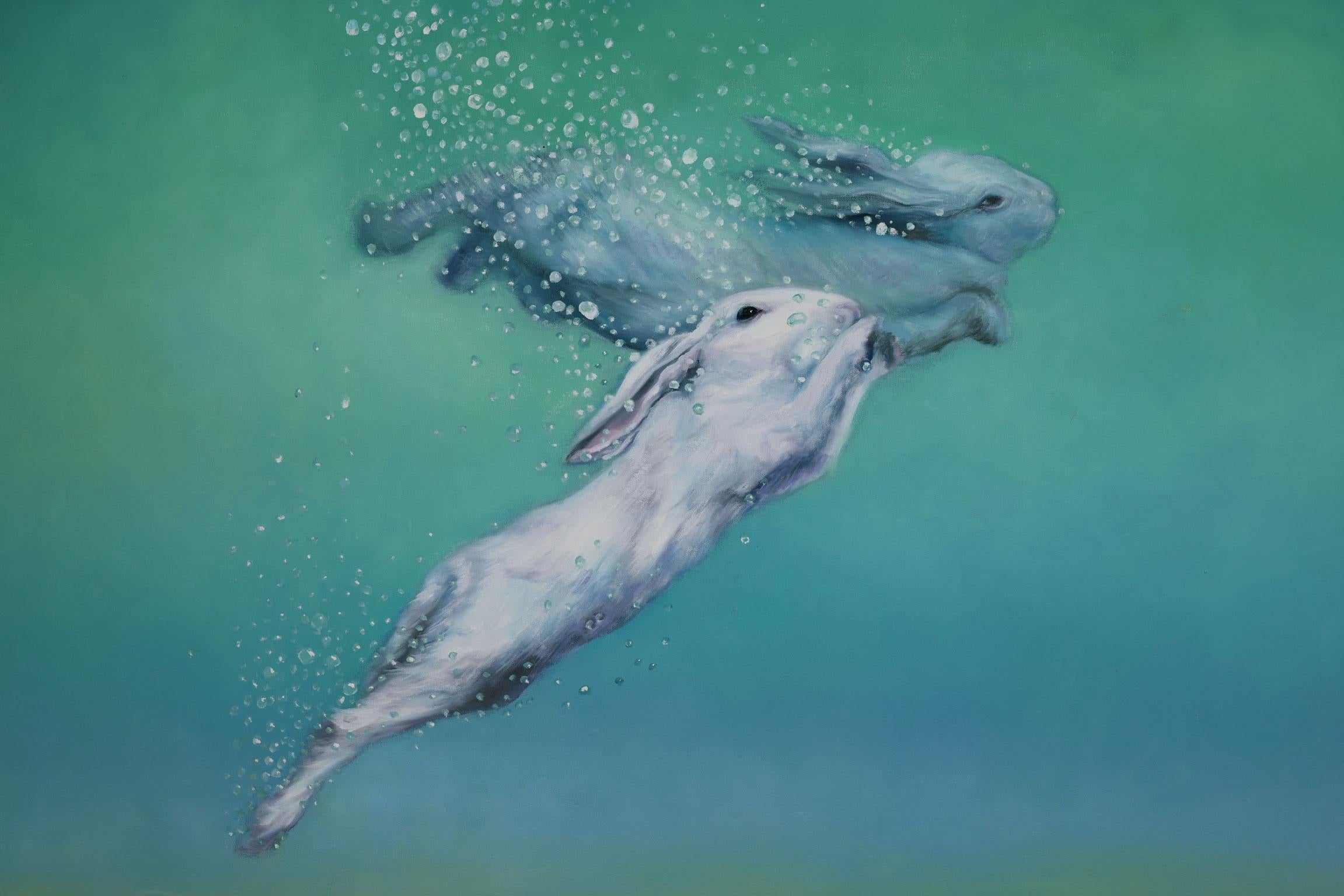 „Beach Bunnies II“ Große Orig. Ölgemälde von Robert White, rahmenlose Ausstellung (Blau), Animal Painting, von Robert Kenneth White