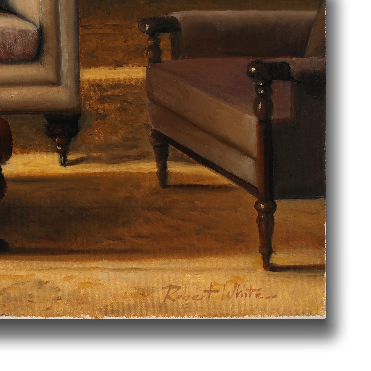 “Cheetah For Tea,” an original oil on canvas by Robert K. White, is a piece for the true collector. White’s careful attention to detail and vivid use of browns and grays project from the painting, immediately capturing the viewer's attention and