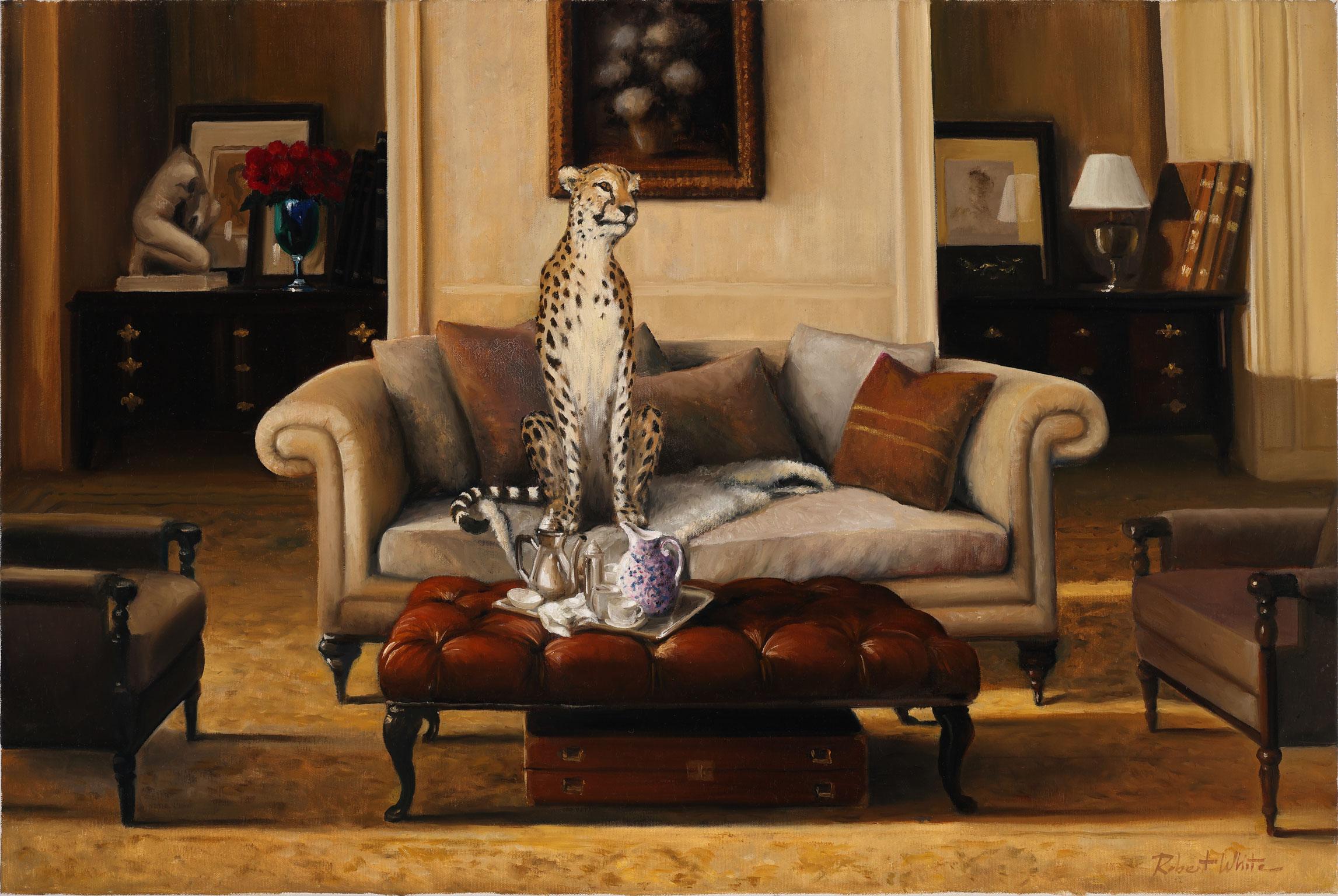 Robert Kenneth White Interior Painting - "Cheetah For Tea" Original Oil Painting by Robert White, Frameless Display