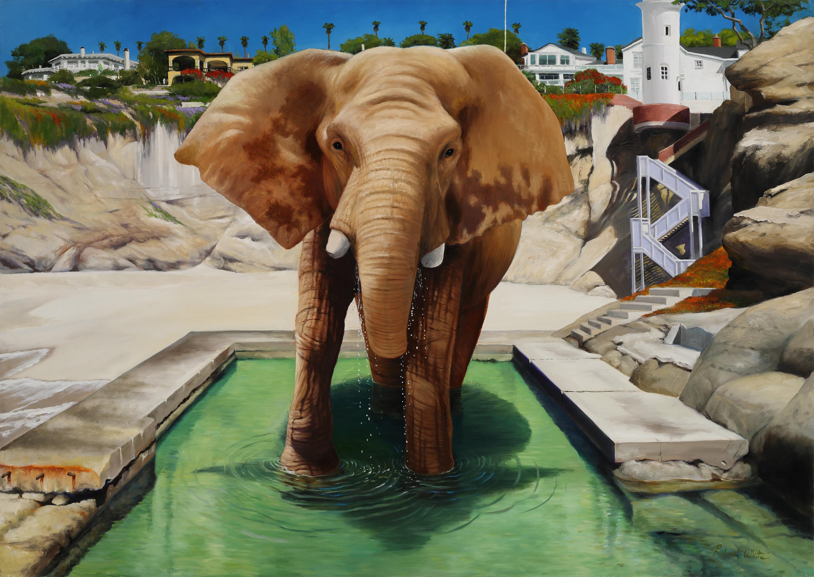 Robert Kenneth White Animal Painting - "Elephant In The Pool" Lrg Orig. Oil Painting by Robert White, Frameless Display