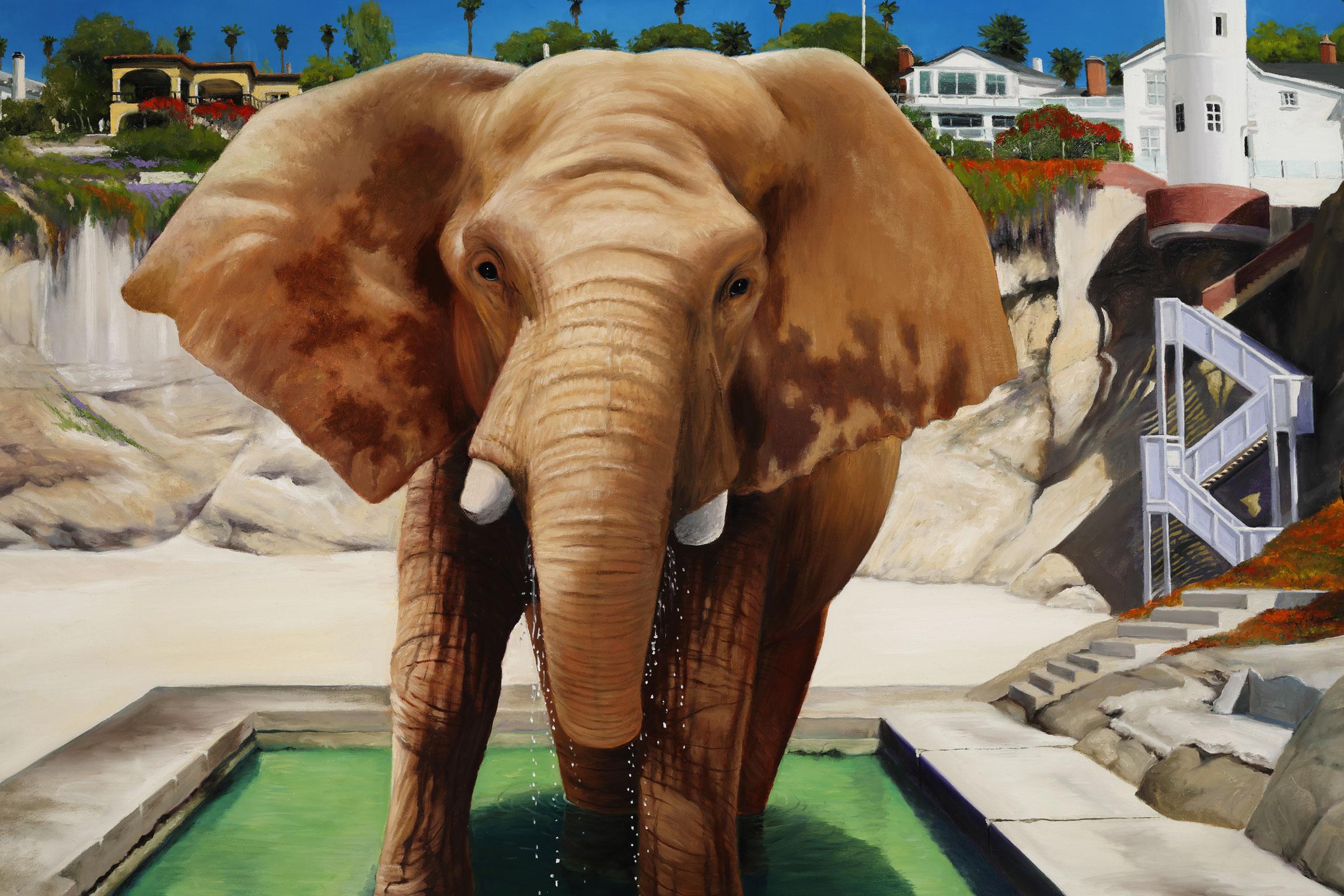 Elephant In The Pool (Lrg Orig.) Peinture à l'huile de Robert White, exposition sans cadre - Réalisme Painting par Robert Kenneth White