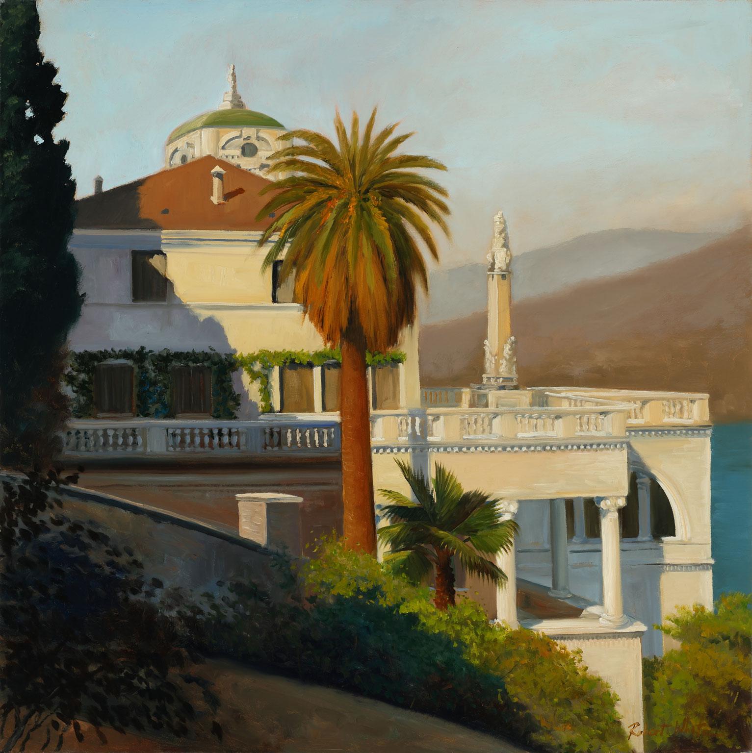 Robert Kenneth White Landscape Painting - "Estate on Lake Como" Original Oil Painting by Robert White, Frameless Display