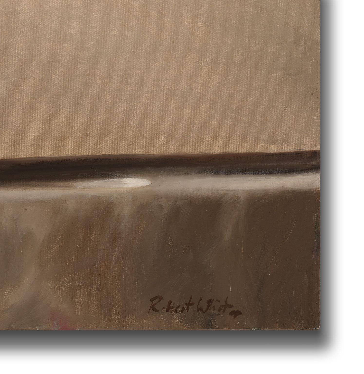 Sin título [Gafas], un óleo sobre lienzo original de Robert K. White, es una pieza para el verdadero coleccionista. La cuidadosa atención de White a los detalles y el vívido uso de los marrones sobresalen del cuadro, captando de inmediato la