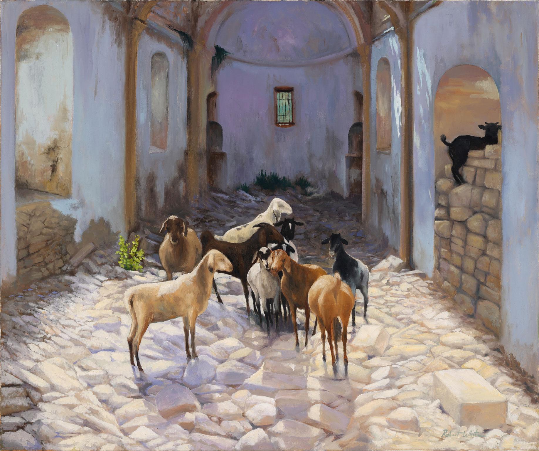 Robert Kenneth White Landscape Painting - "Goats" Original Oil Painting by Robert White, Frameless Display