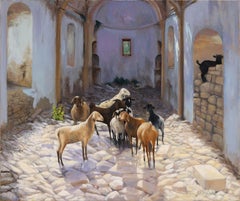 "Goats" Original Oil Painting by Robert White, Frameless Display