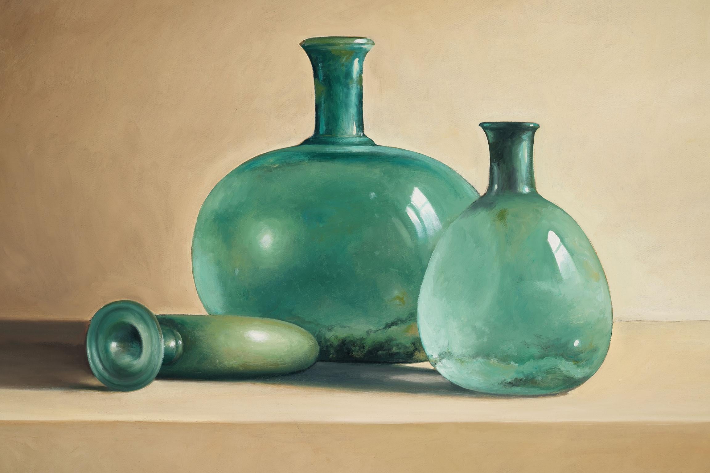 [Green Glass Bottles] Original Oil Painting by Robert White, Frameless Display - Beige Still-Life Painting by Robert Kenneth White