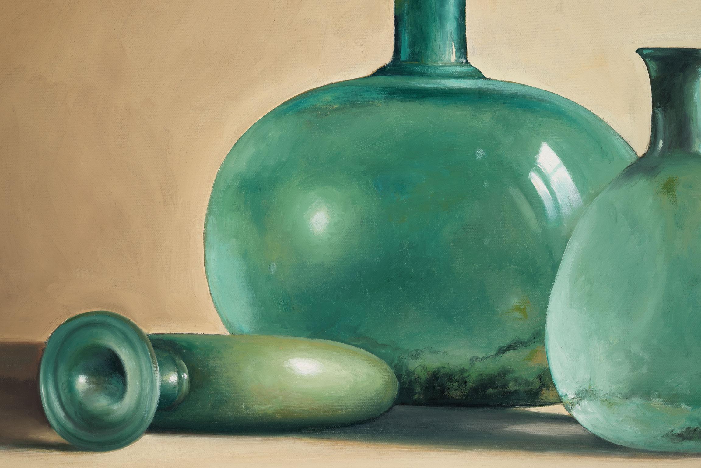 Untitled [Green Glass Bottles], an original oil on canvas by Robert K. White, is a piece for the true collector. White’s careful attention to detail and vivid use of greens and tans project from the painting, immediately capturing the viewer's