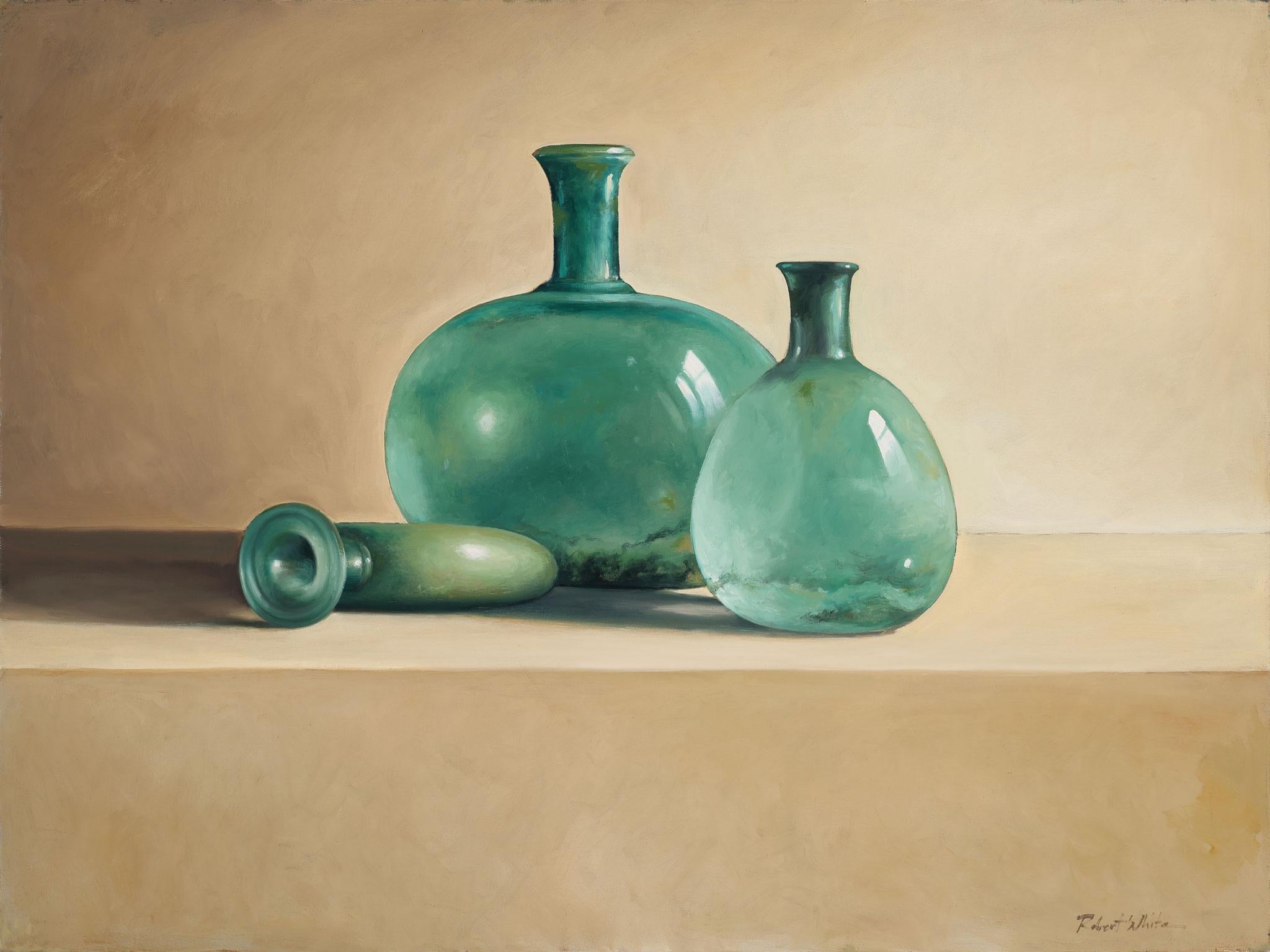 Robert Kenneth White Still-Life Painting - [Green Glass Bottles] Original Oil Painting by Robert White, Frameless Display
