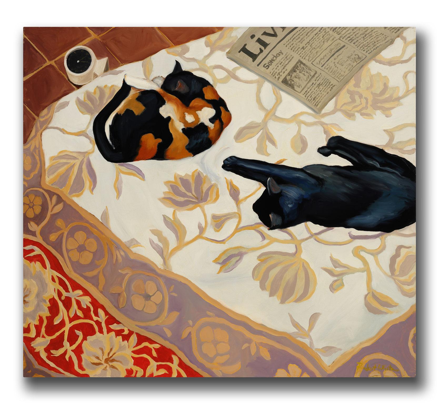 Sleeping Cats - Peinture à l'huile originale de Robert White, exposition sans cadre - Painting de Robert Kenneth White