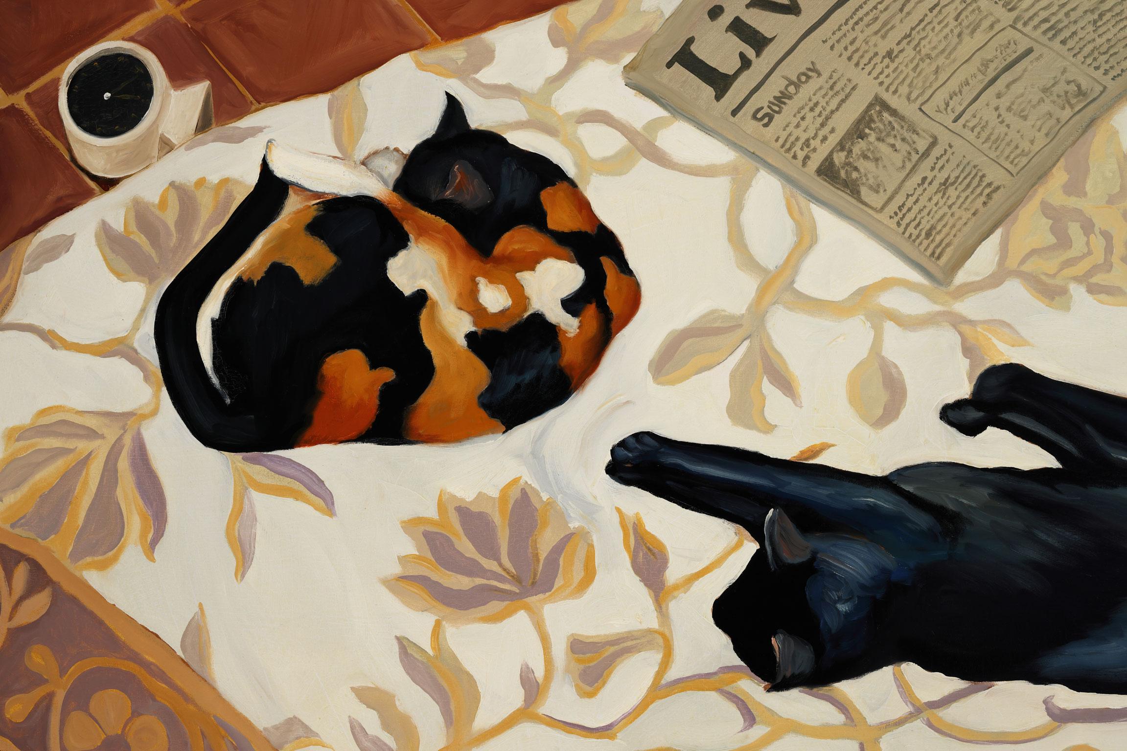 Sleeping Cats - Peinture à l'huile originale de Robert White, exposition sans cadre - Réalisme Painting par Robert Kenneth White