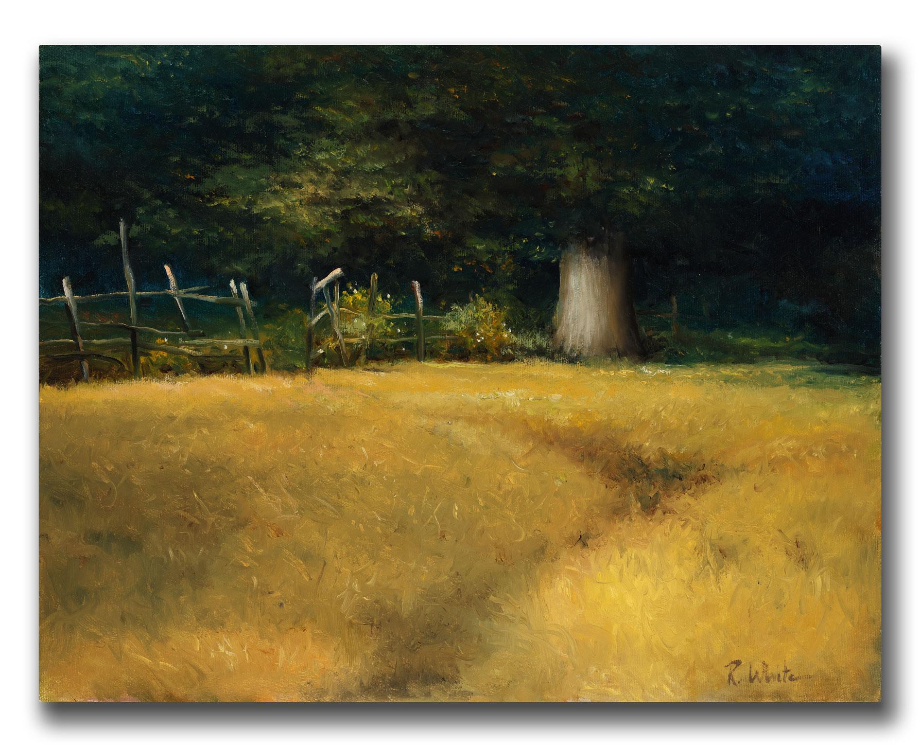 Untitled [Landscape] Original Oil Painting by Robert White, Frameless Display - Brown Landscape Painting by Robert Kenneth White
