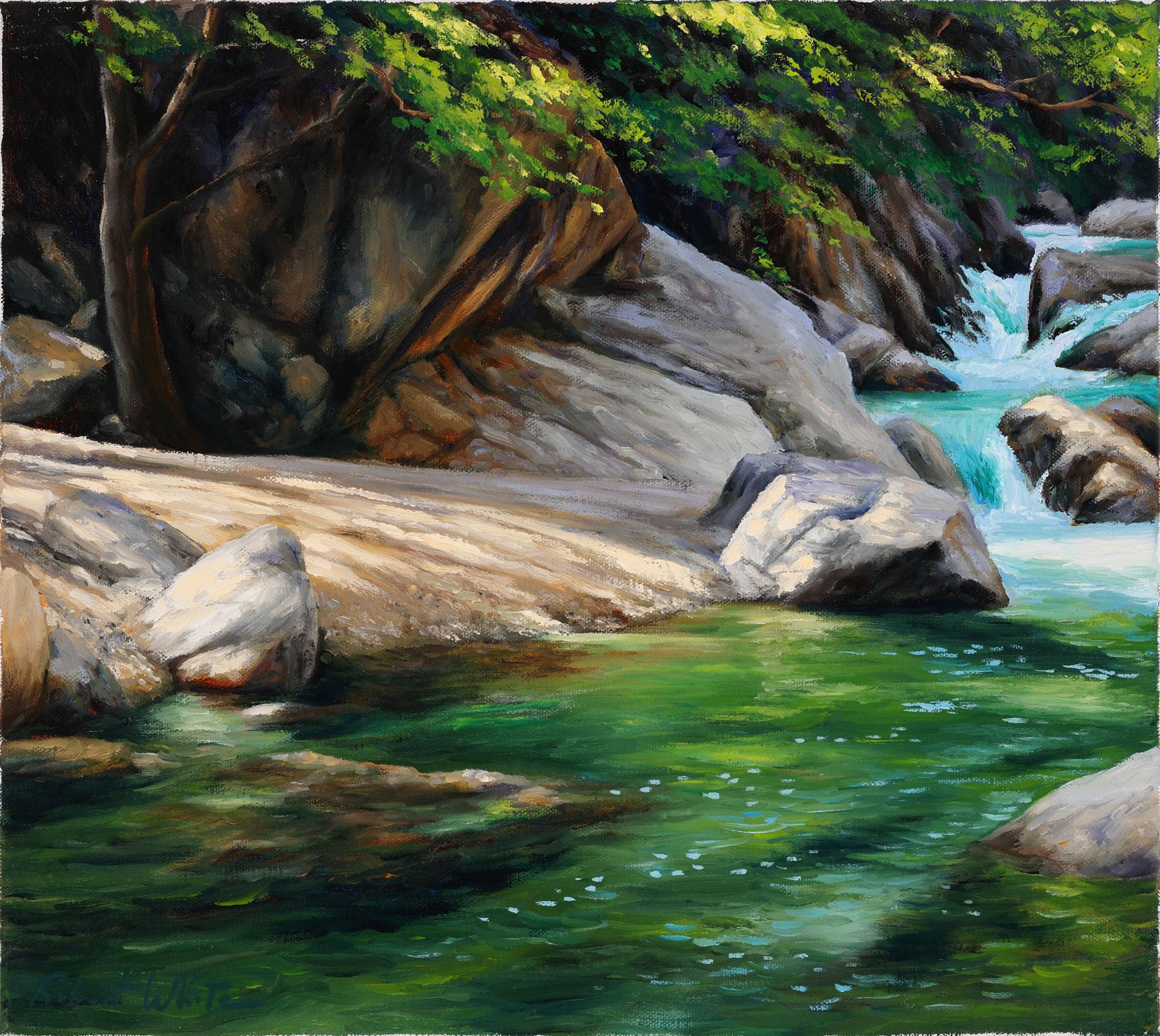 Landscape Painting de Robert Kenneth White - Sin título [Paisaje fluvial] Pintura al óleo original de Robert White, Exposición sin marco