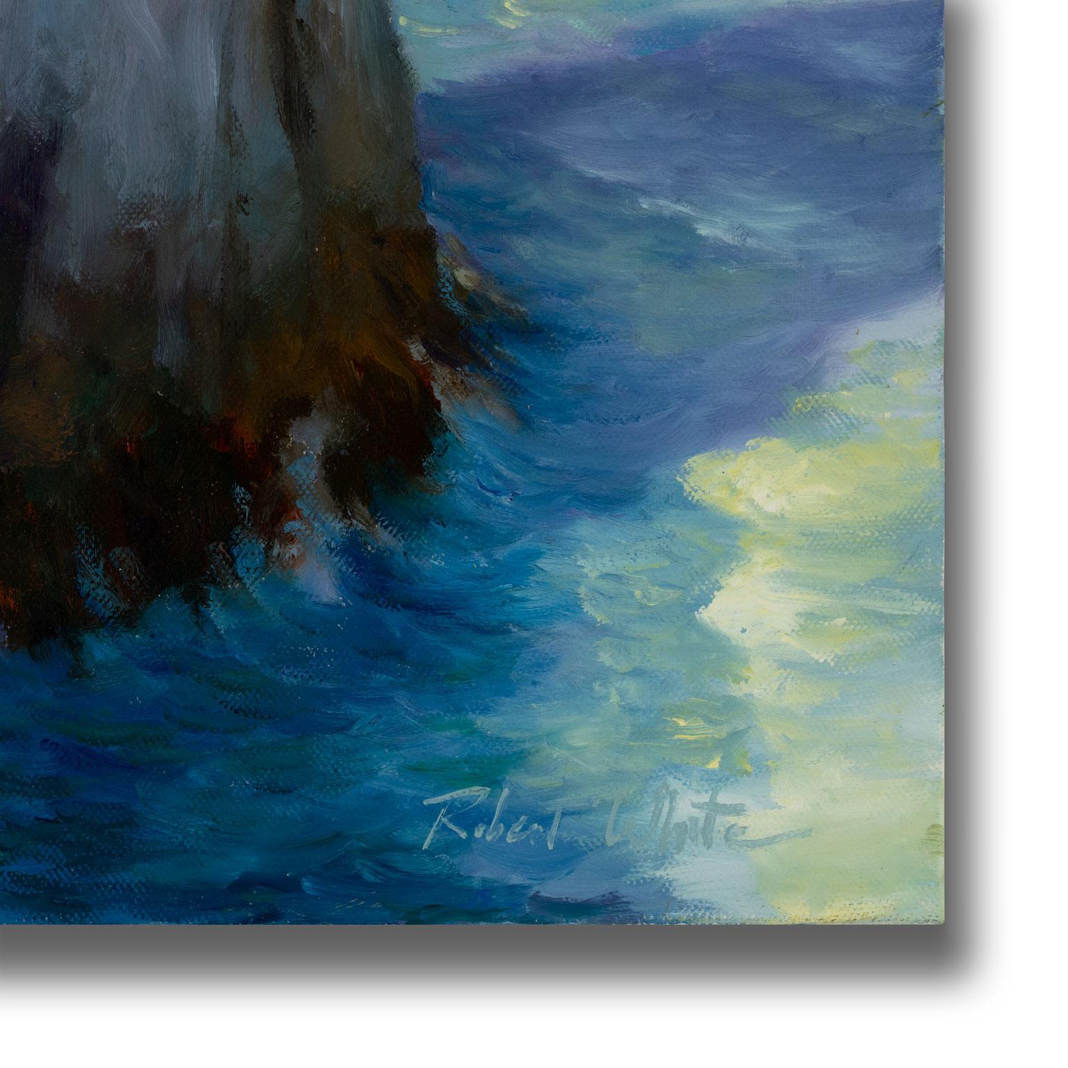 Untitled [Seascape], an original oil on canvas by Robert K. White, is a piece for the true collector. White’s careful attention to detail and vivid use of blues, blue-greens, and browns project from the painting, immediately capturing the viewer's
