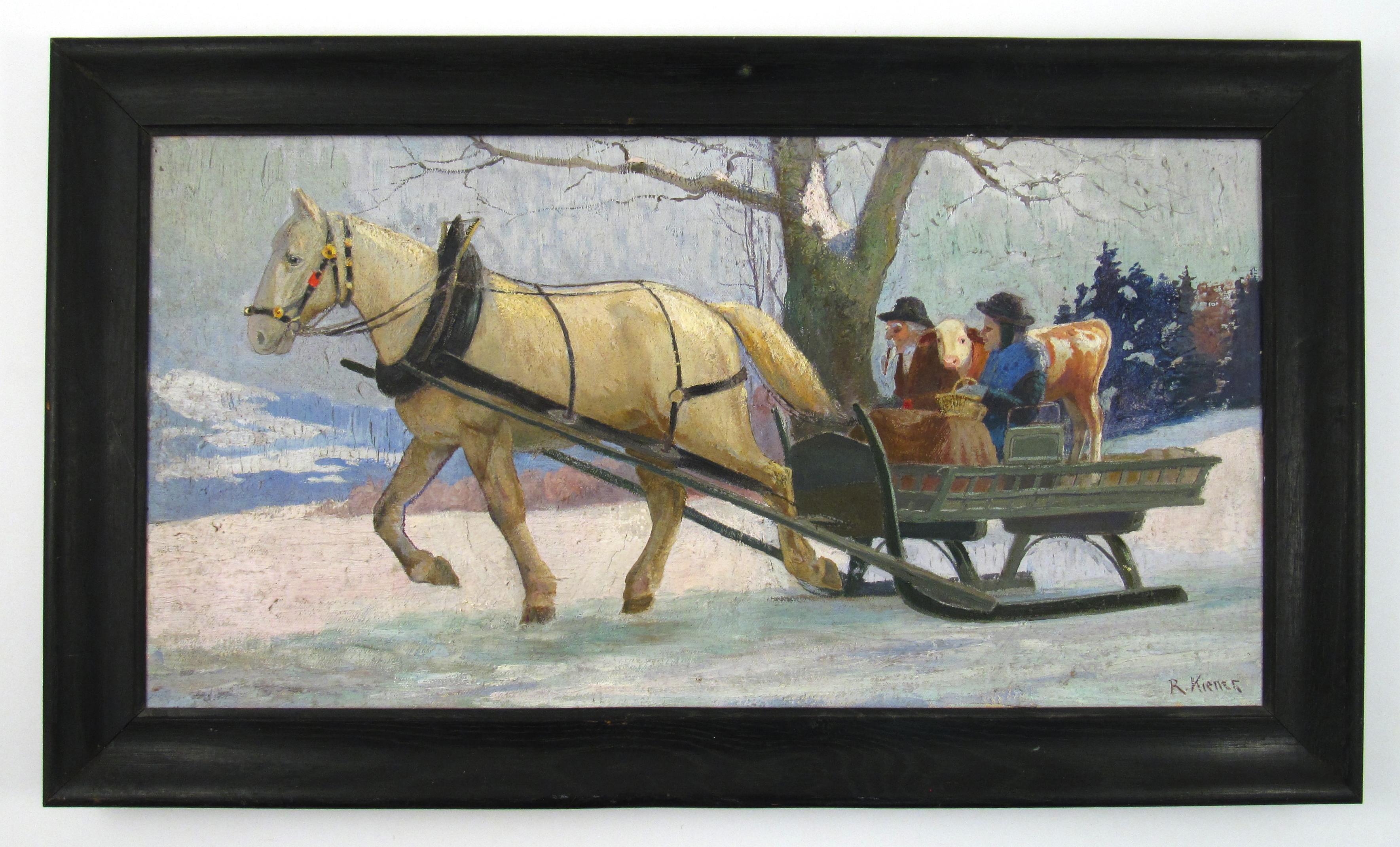 Robert Kiener (1866-1945) Couple & Calf in Horse Sleigh Oil Painting Switzerland 1