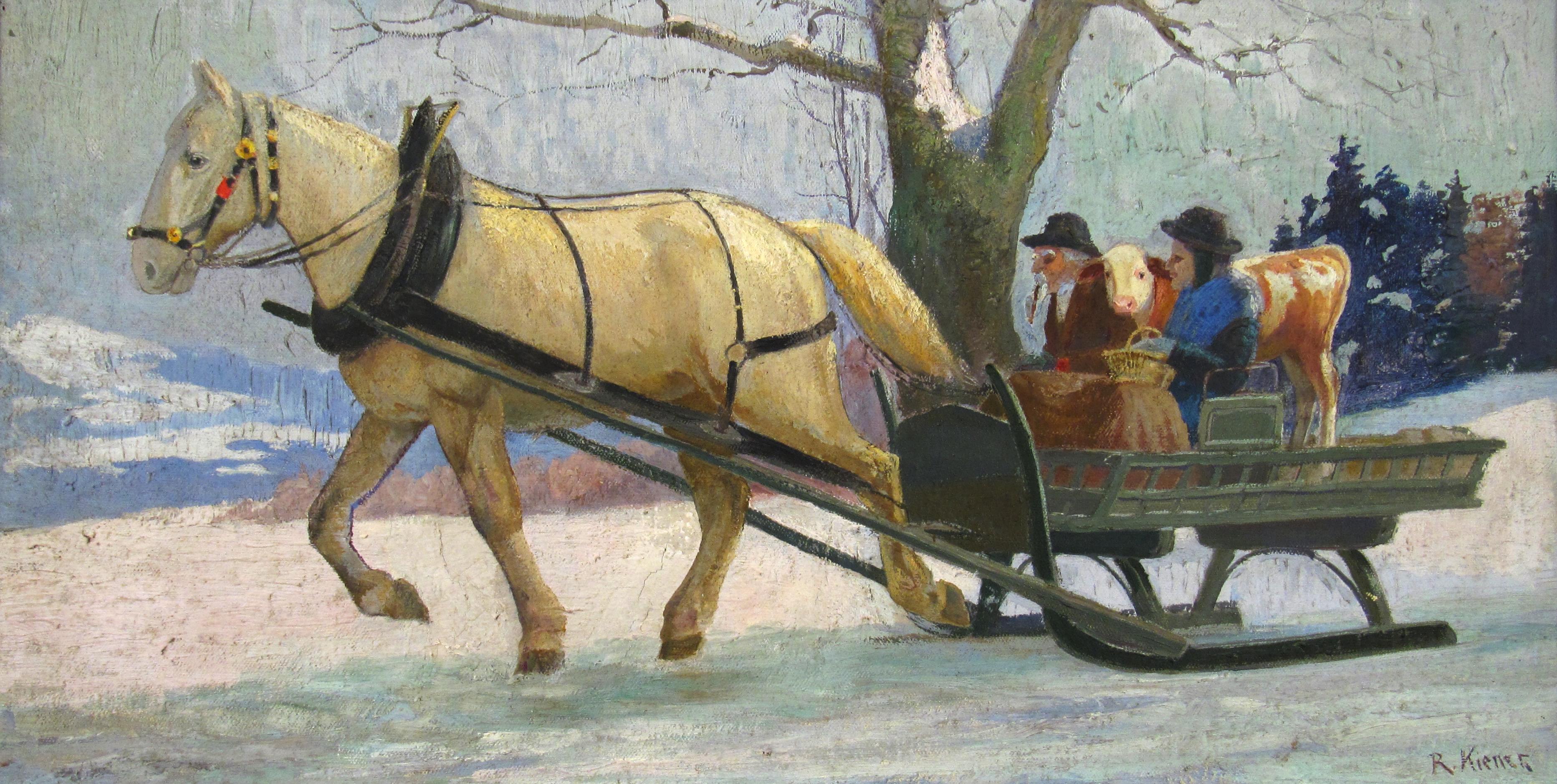 Robert Kiener (1866-1945) Couple & Calf in Horse Sleigh Oil Painting Switzerland 2