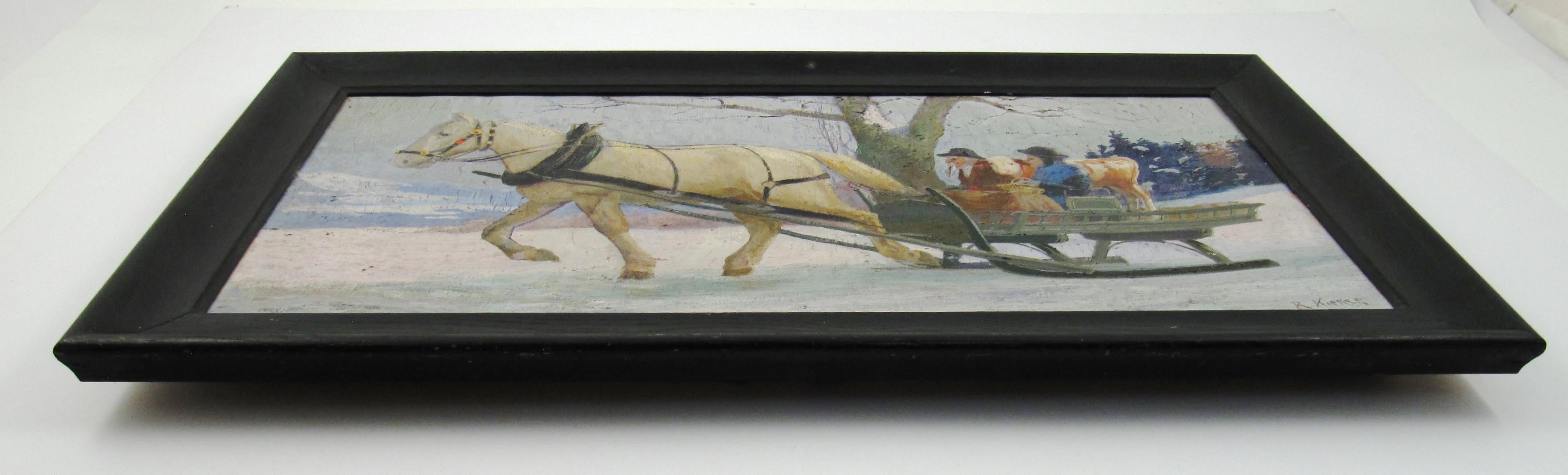 Robert Kiener (1866-1945) Couple & Calf in Horse Sleigh Oil Painting Switzerland 4