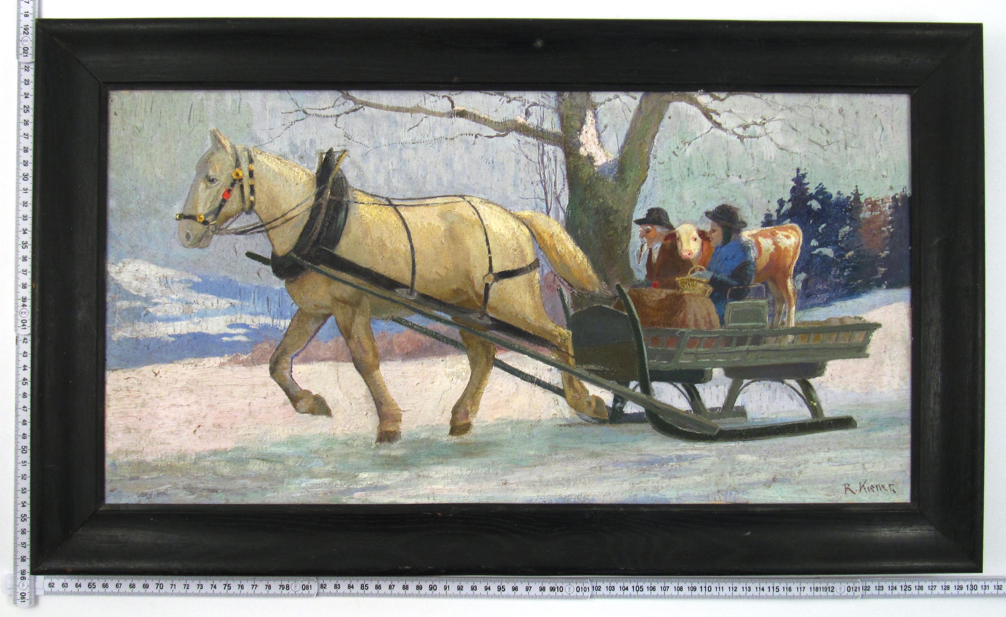 Robert Kiener (1866-1945) Couple & Calf in Horse Sleigh Oil Painting Switzerland 5