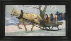 Antique Robert Kiener (1866-1945) Couple & Calf in Horse Sleigh Oil Painting Switzerland