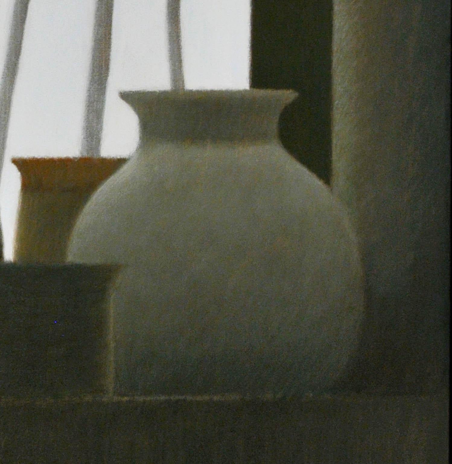 Ventana con jarrones y hojas - Still-Life Painting Negro de Robert Kipniss