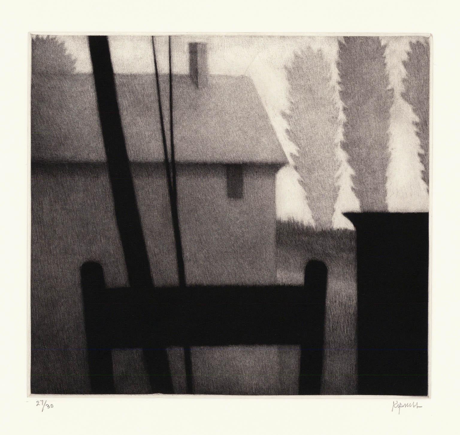 “Chair & rooftop” is a mezzotint engraving created by Robert Kipniss in 2015.  Printed in an edition of 30 this impression is signed in pencil and inscribed 