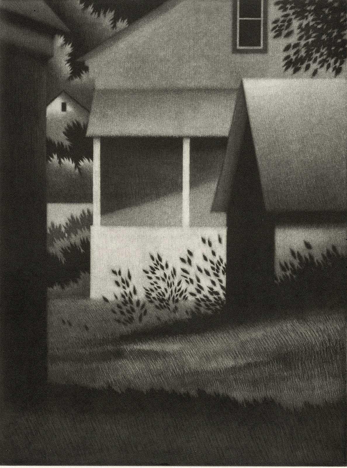 Robert Kipniss Still-Life Print - Evening with White Porch (a calm suburban setting)