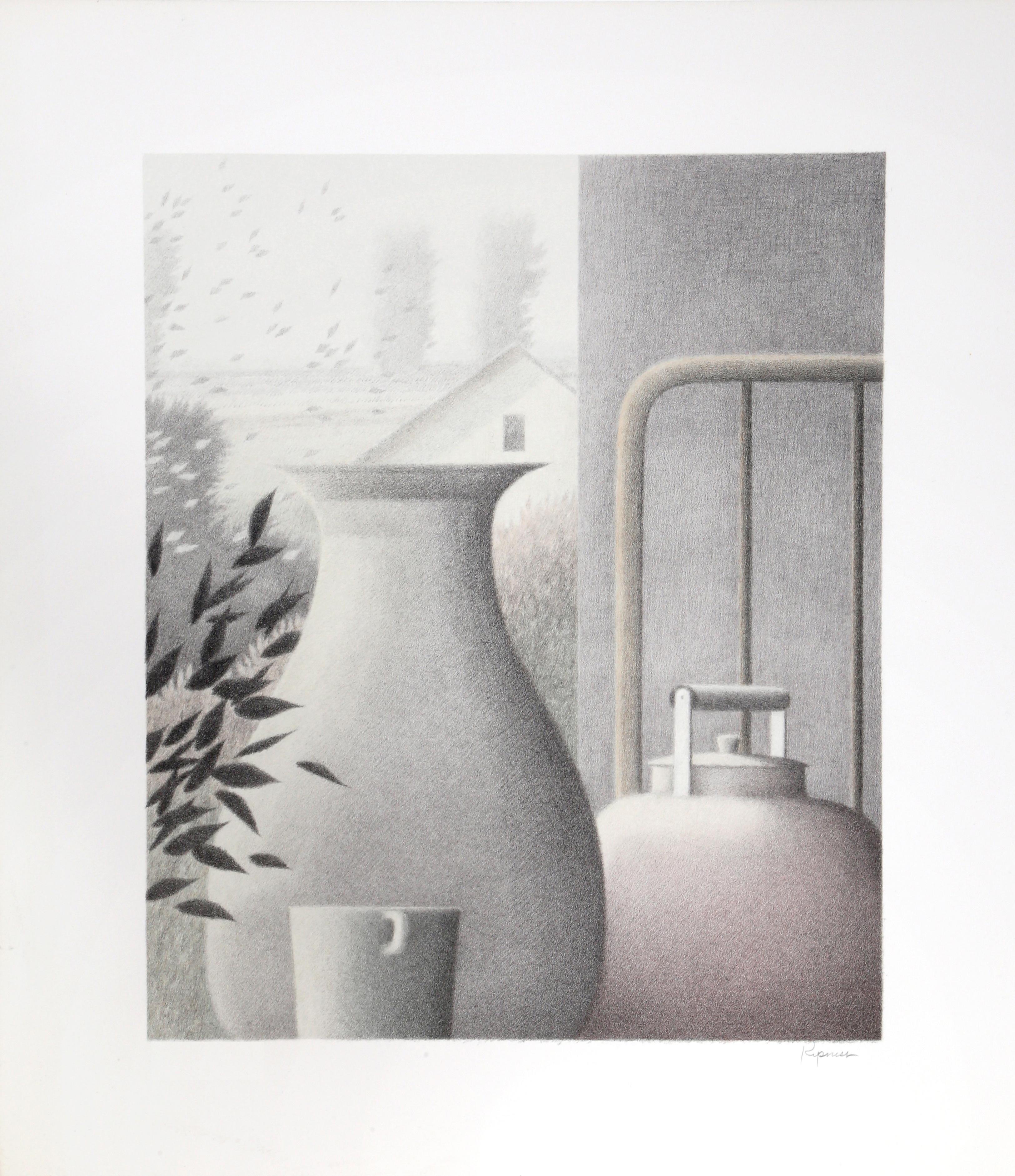 Robert Kipniss Still-Life Print – Innenraum mit Tasse und Wasserkocher