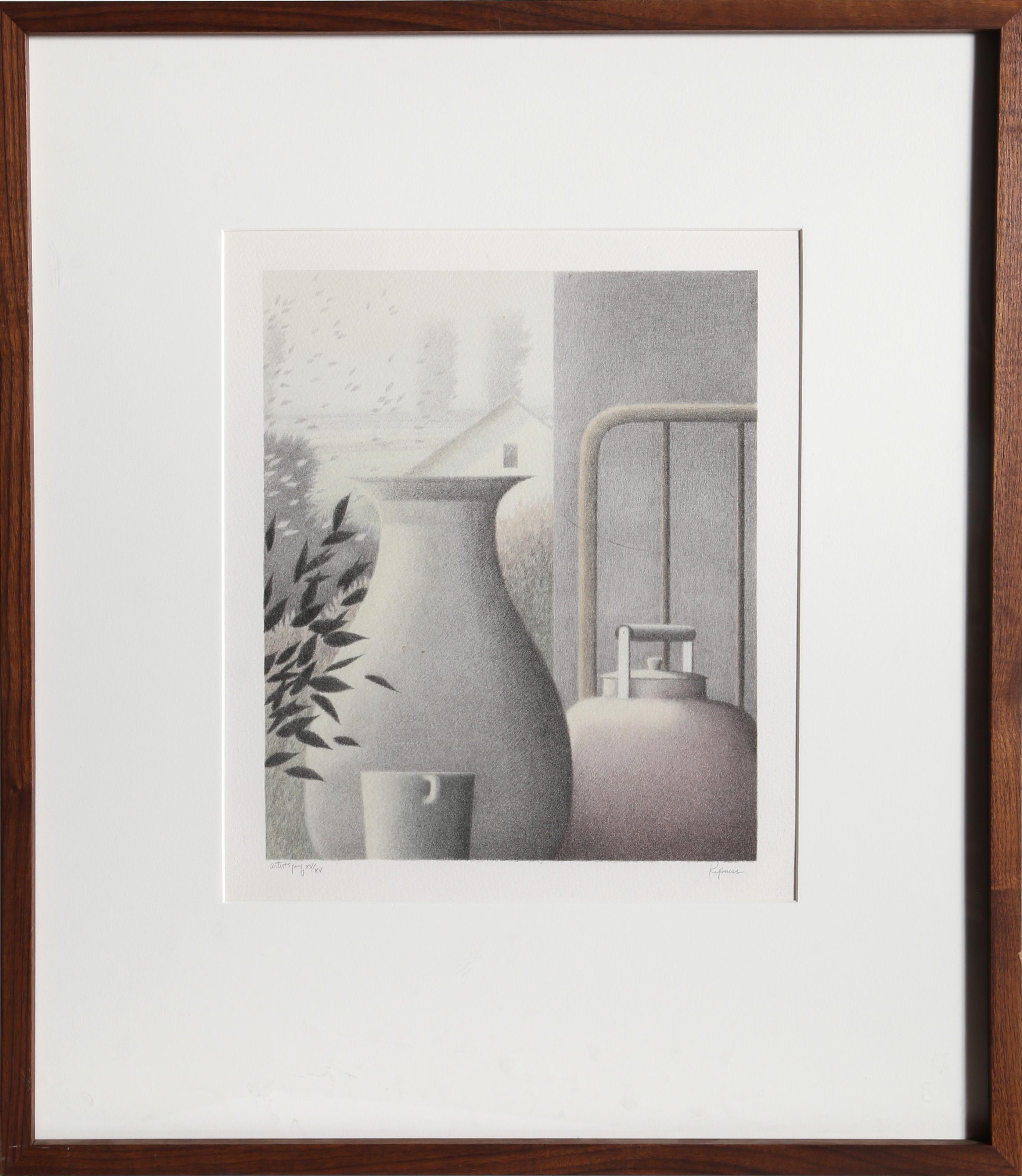 Interior con taza y tetera, litografía moderna de Robert Kipniss