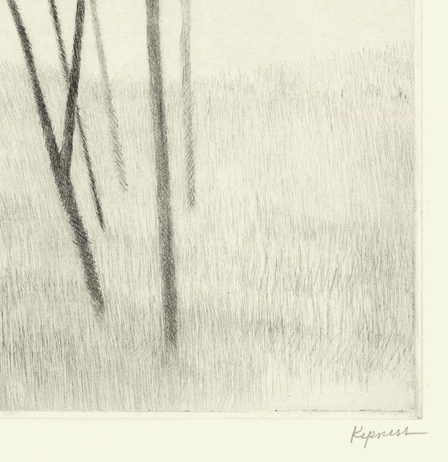 “Slope w/five trees” is a drypoint engraving created by Robert Kipniss in 2020. The paper size is 12.50 x 10.50 inches and the printed image size is 6.75 x 6 inches. This impression is signed in pencil and inscribed 