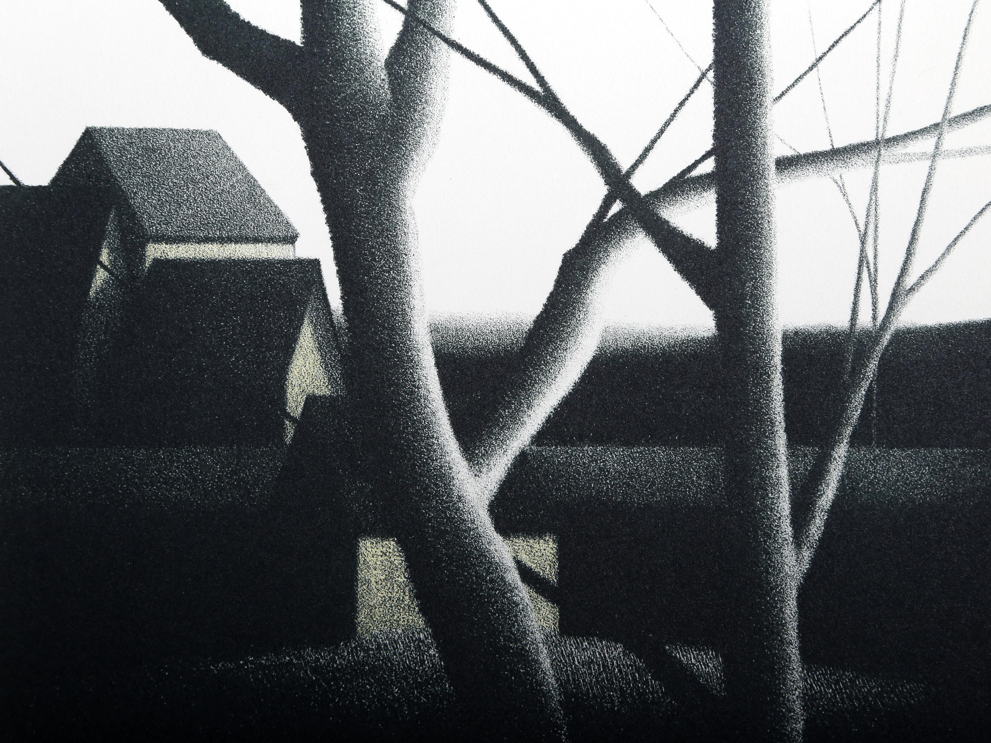 Árboles y tejados, litografía moderna de Robert Kipniss en venta 1