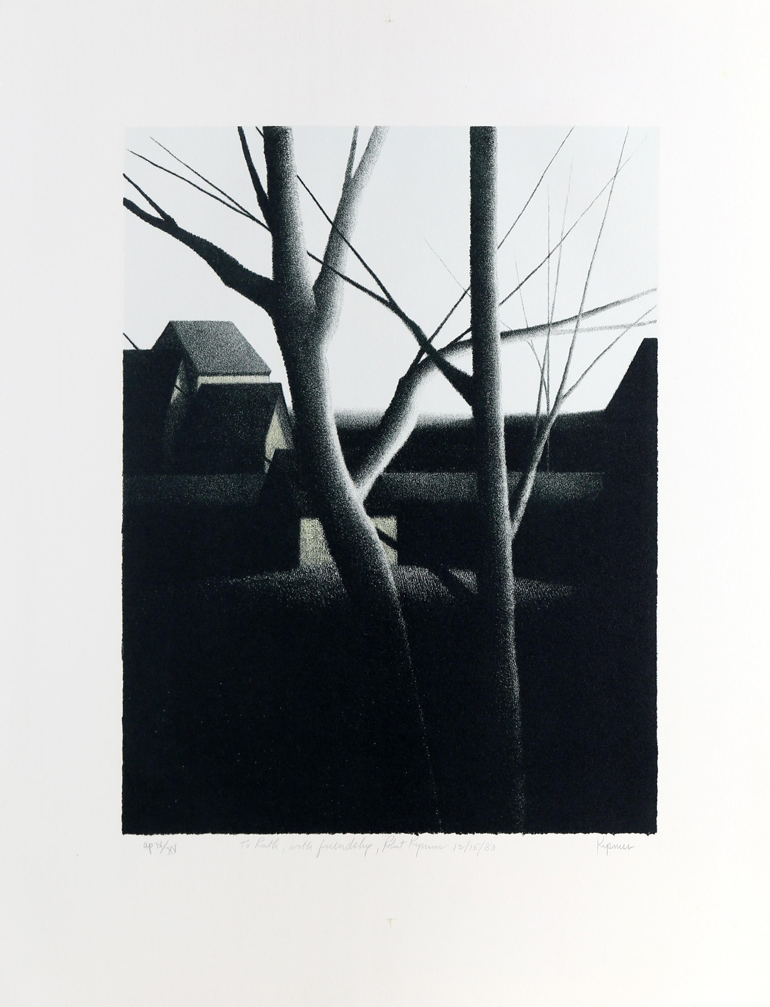 Árboles y tejados, litografía moderna de Robert Kipniss