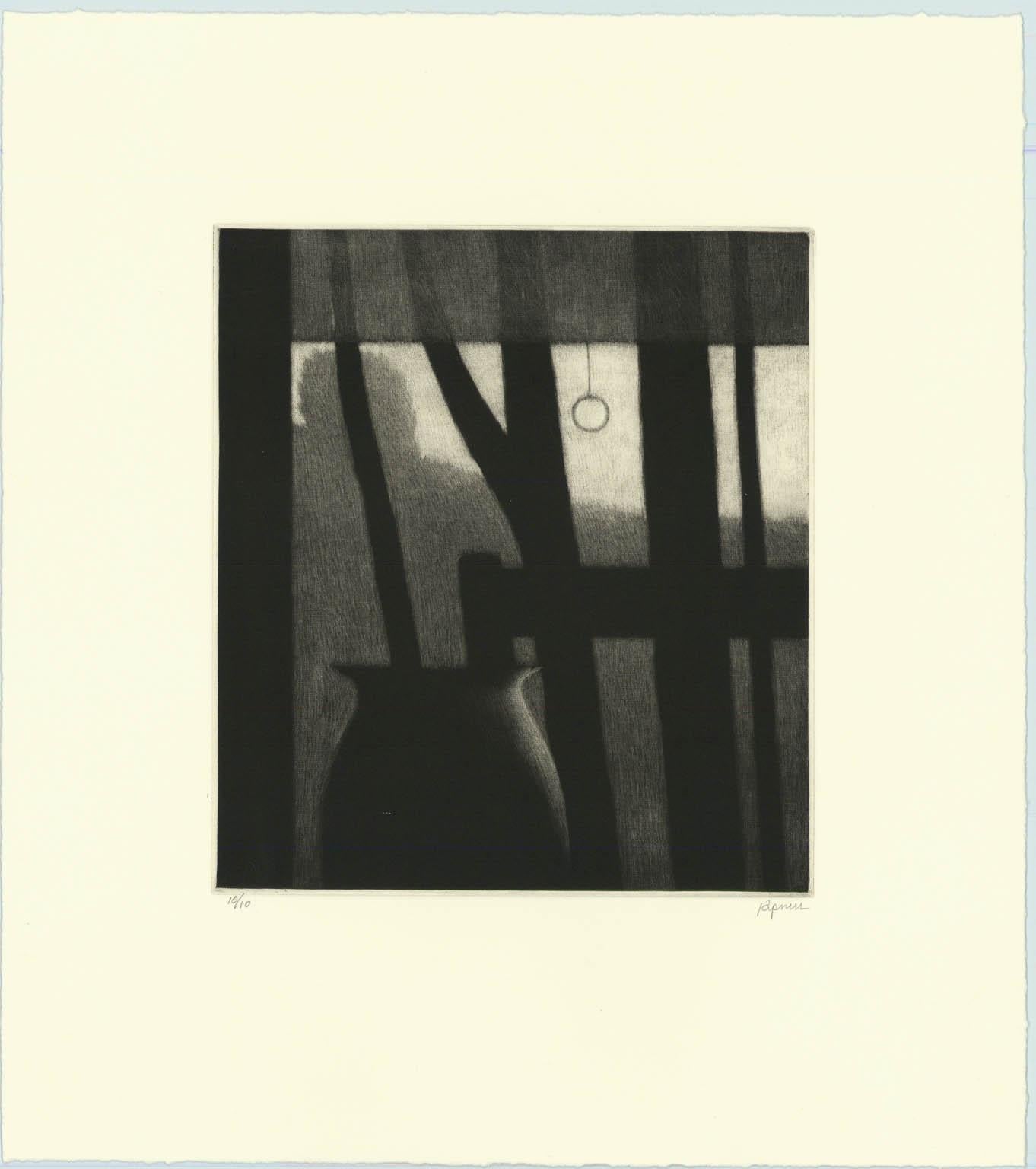 Robert Kipniss Still-Life Print - Window w/shade, chair, vase & trees