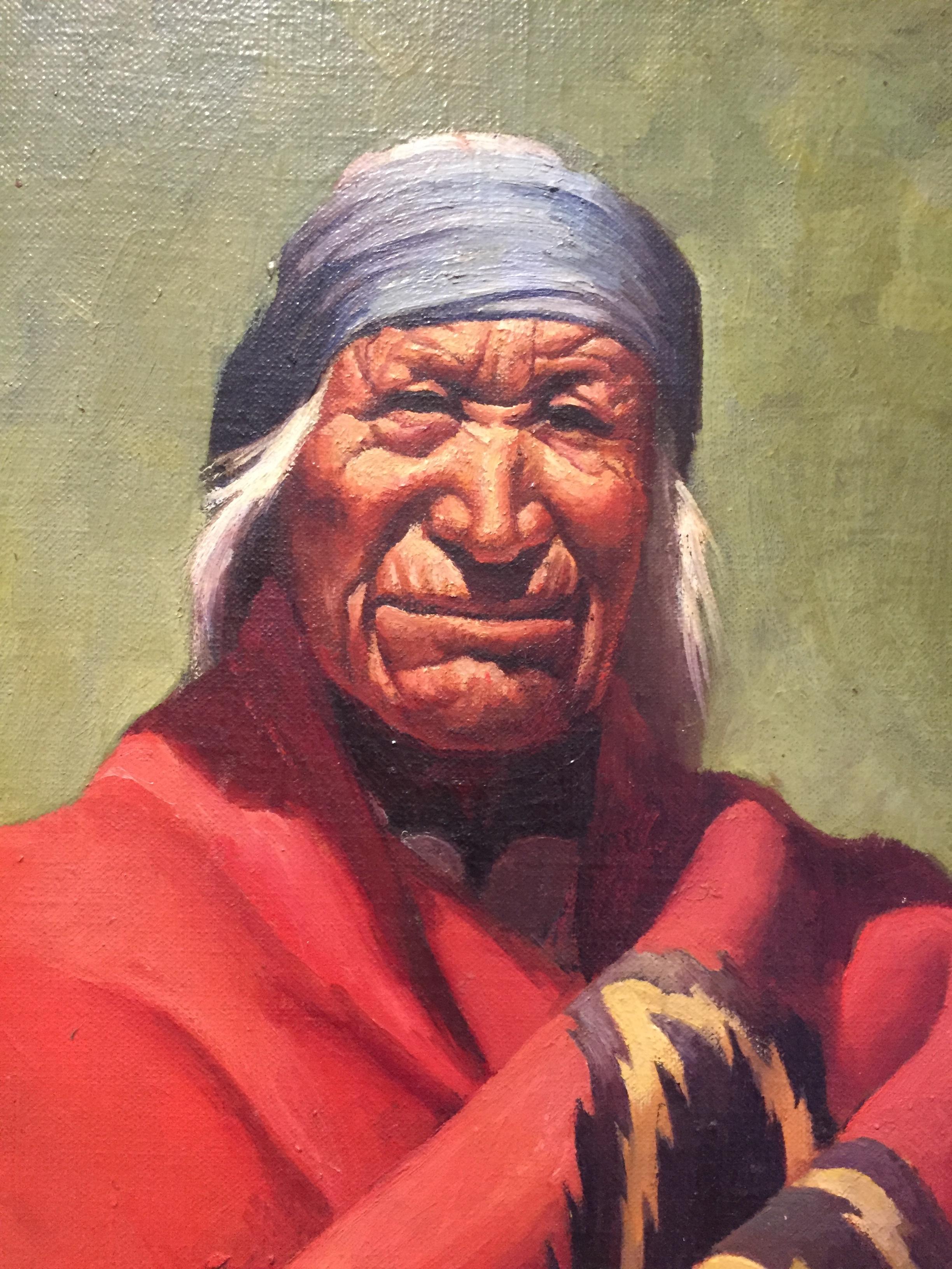 Portrait amérindien des années 1900 avec peinture de couverture rouge  - Painting de Unknown