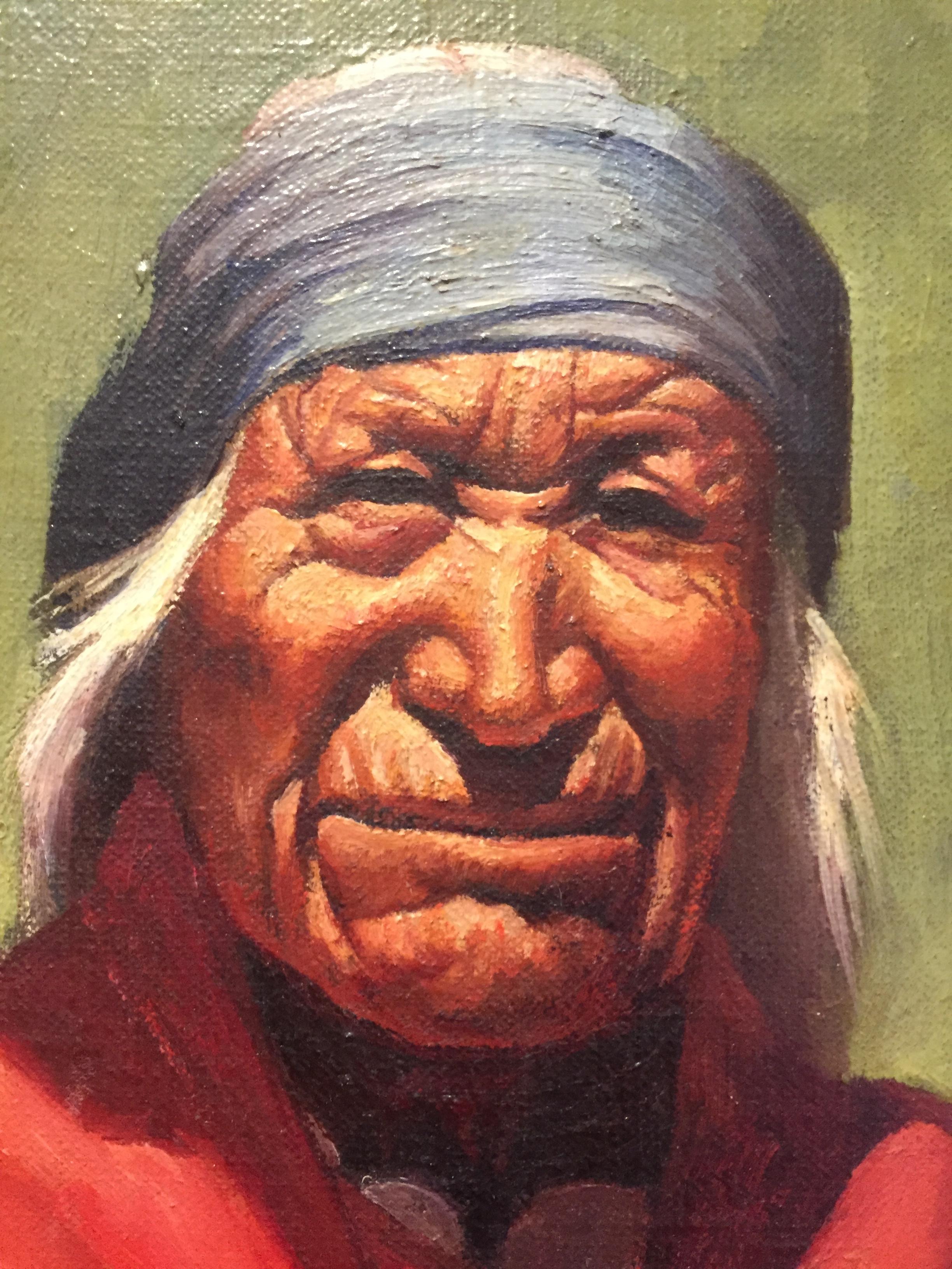 Portrait amérindien des années 1900 avec peinture de couverture rouge  - Marron Figurative Painting par Unknown