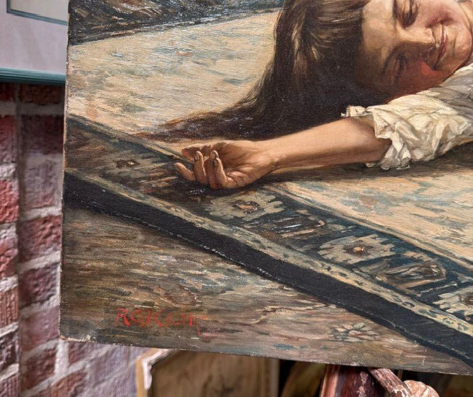 Momento juguetón - Niña y gatito de Robert Koehler (Firmado) en venta 9