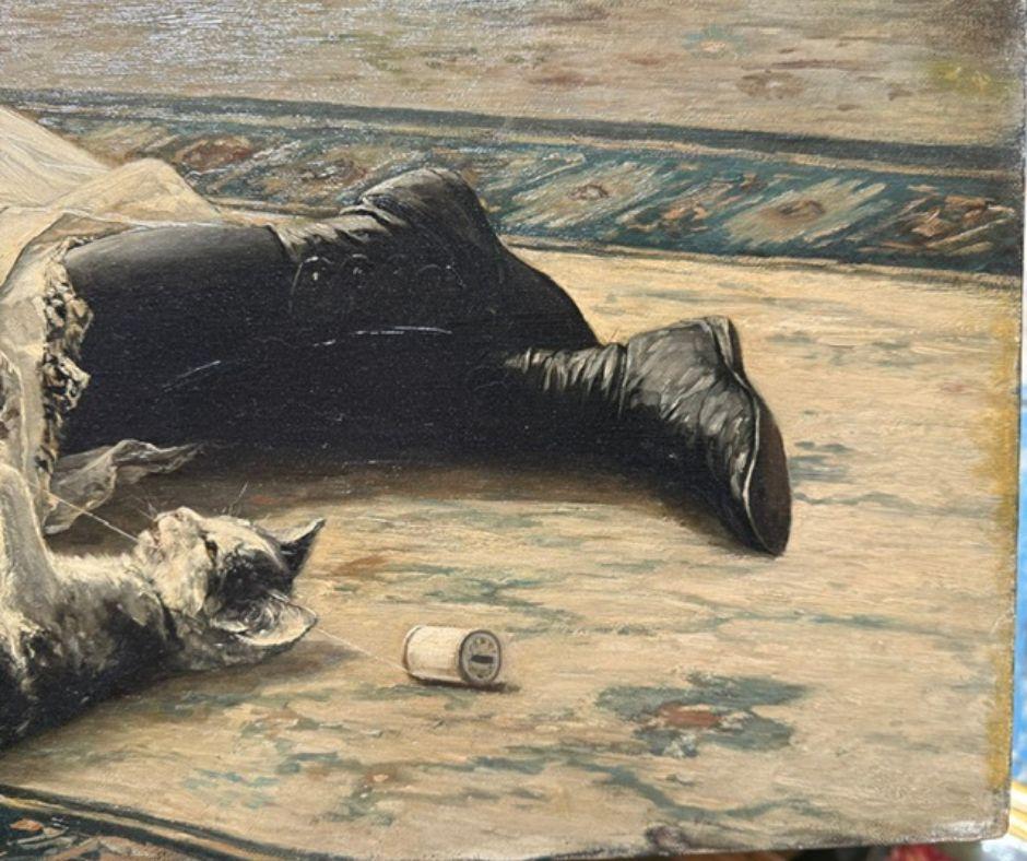 Momento juguetón - Niña y gatito de Robert Koehler (Firmado) en venta 11