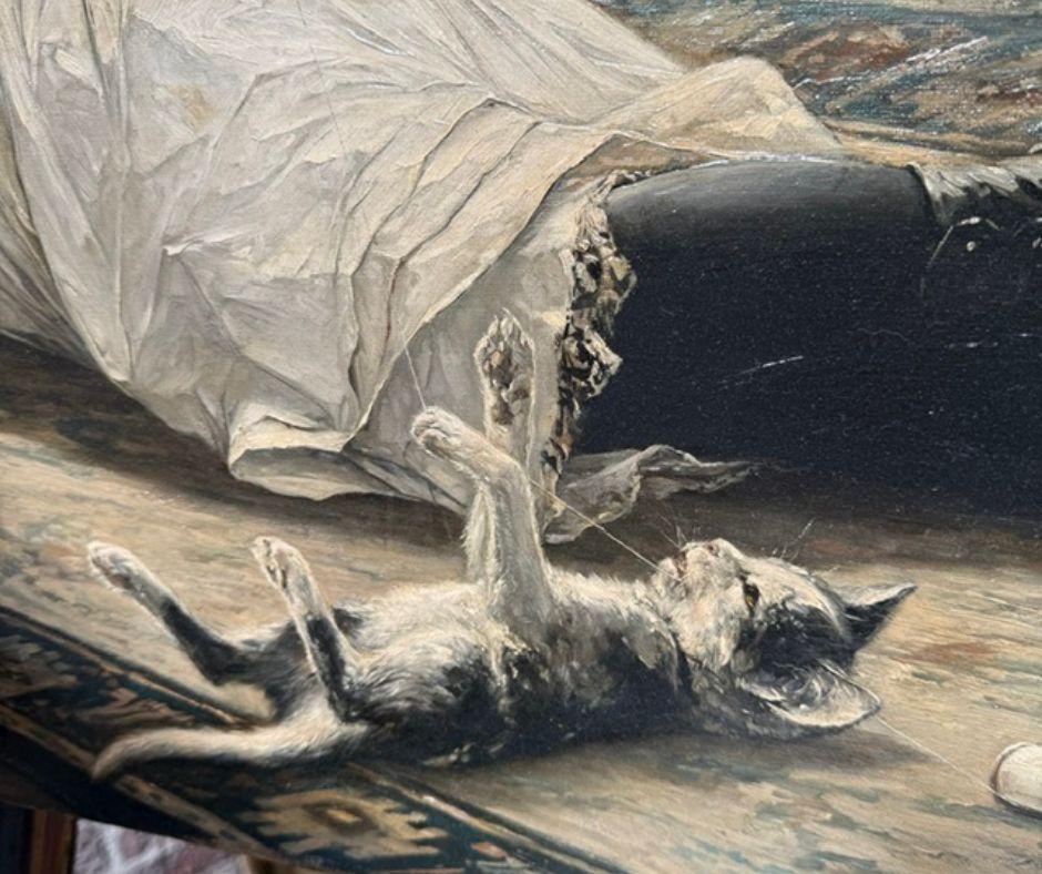 Momento juguetón - Niña y gatito de Robert Koehler (Firmado) en venta 3