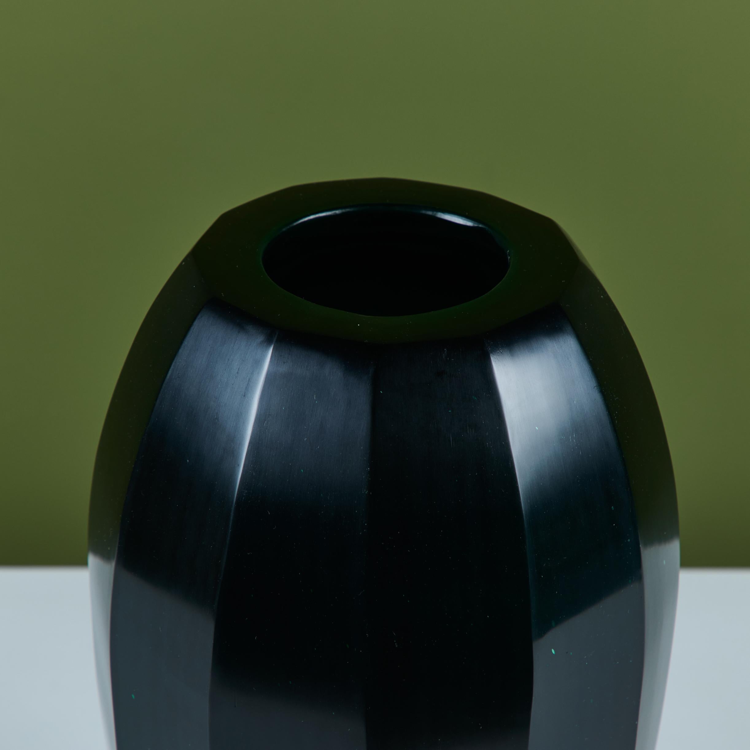 Robert Kuo Dark Green Round Facet Vase For Sale 3