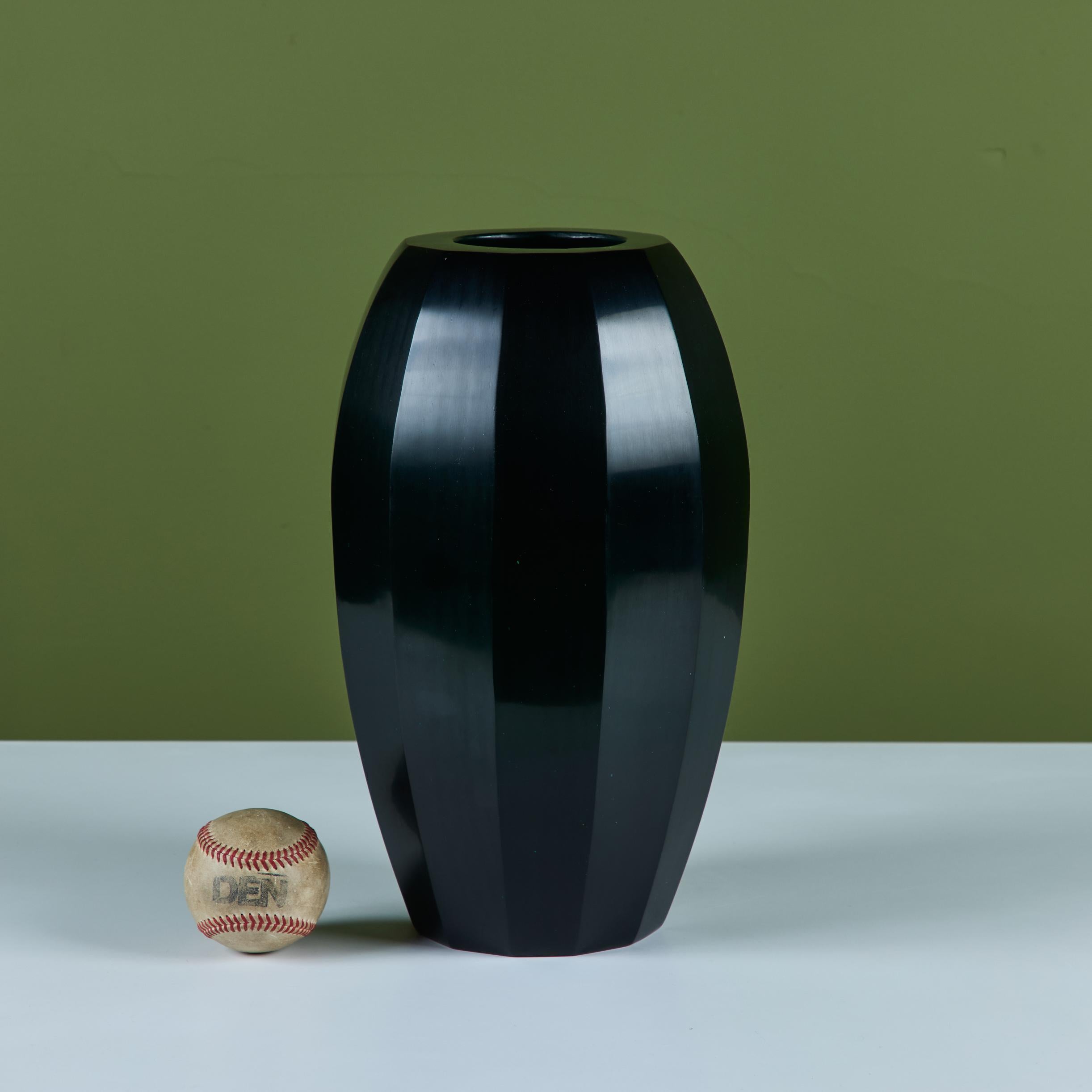 Modern Robert Kuo Dark Green Round Facet Vase For Sale
