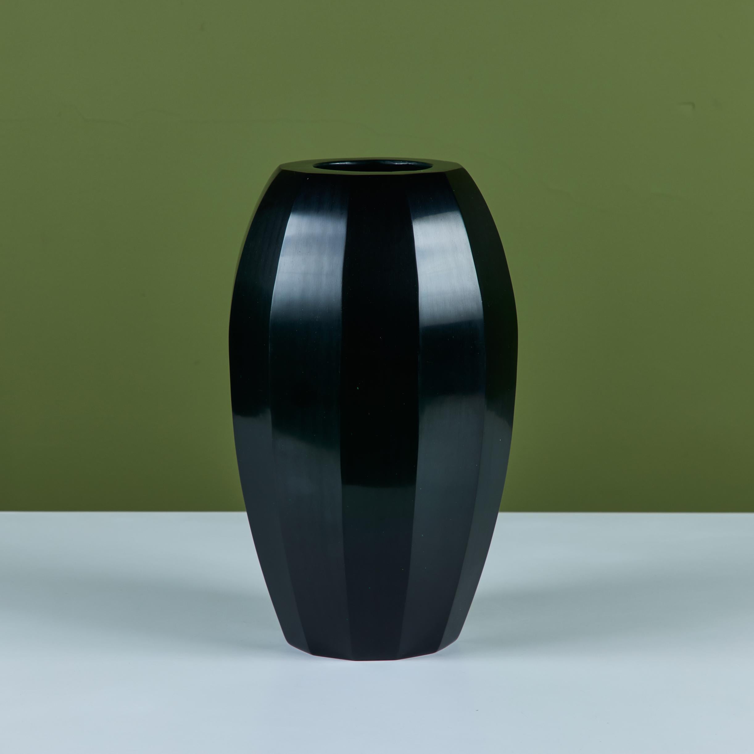 American Robert Kuo Dark Green Round Facet Vase For Sale