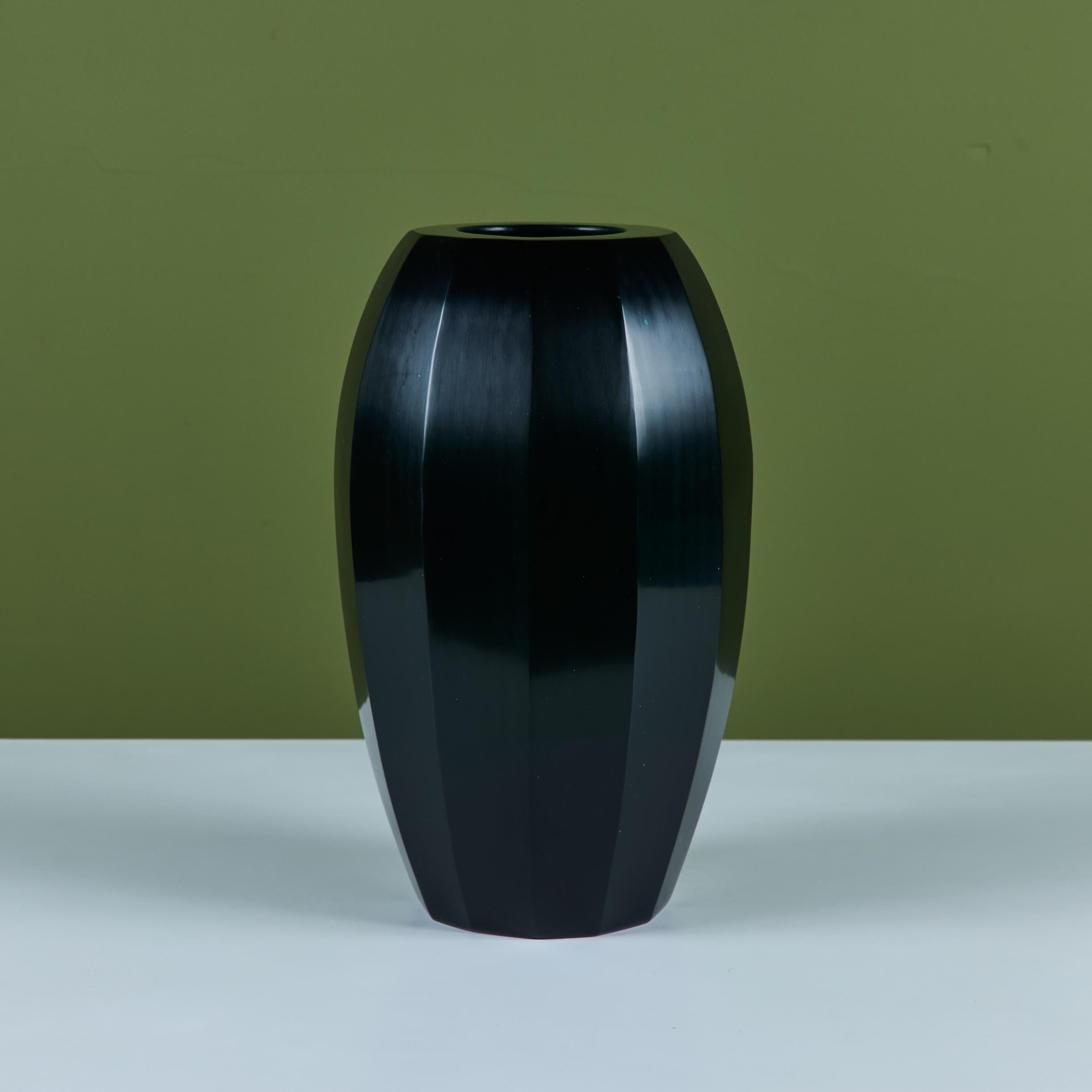 Contemporary Robert Kuo Dark Green Round Facet Vase For Sale