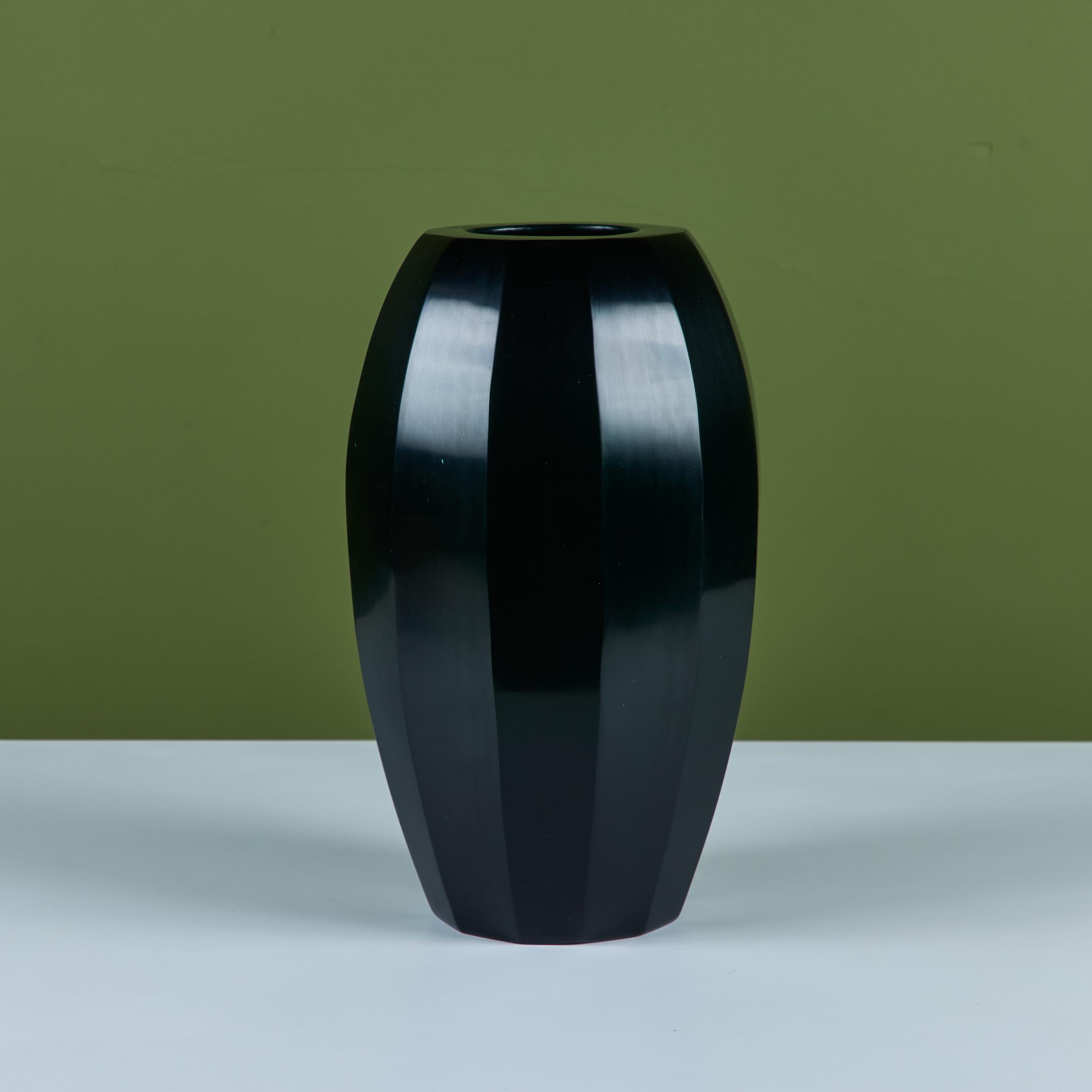Glass Robert Kuo Dark Green Round Facet Vase For Sale